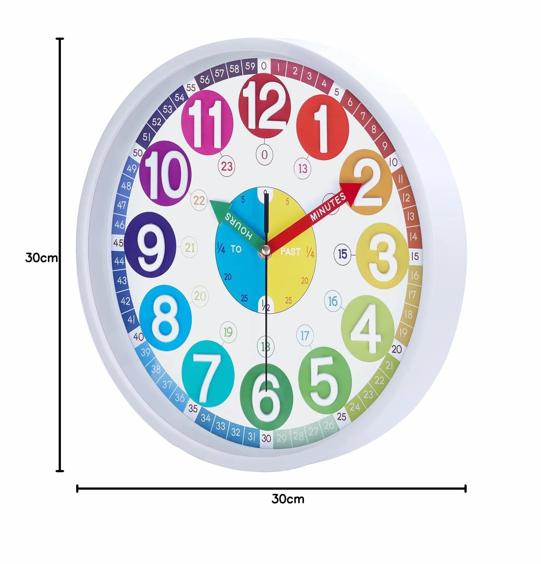 Horloge Murale Enfant Apprentissage Colorée 3D Chiffres Facile à Lire 30 cm