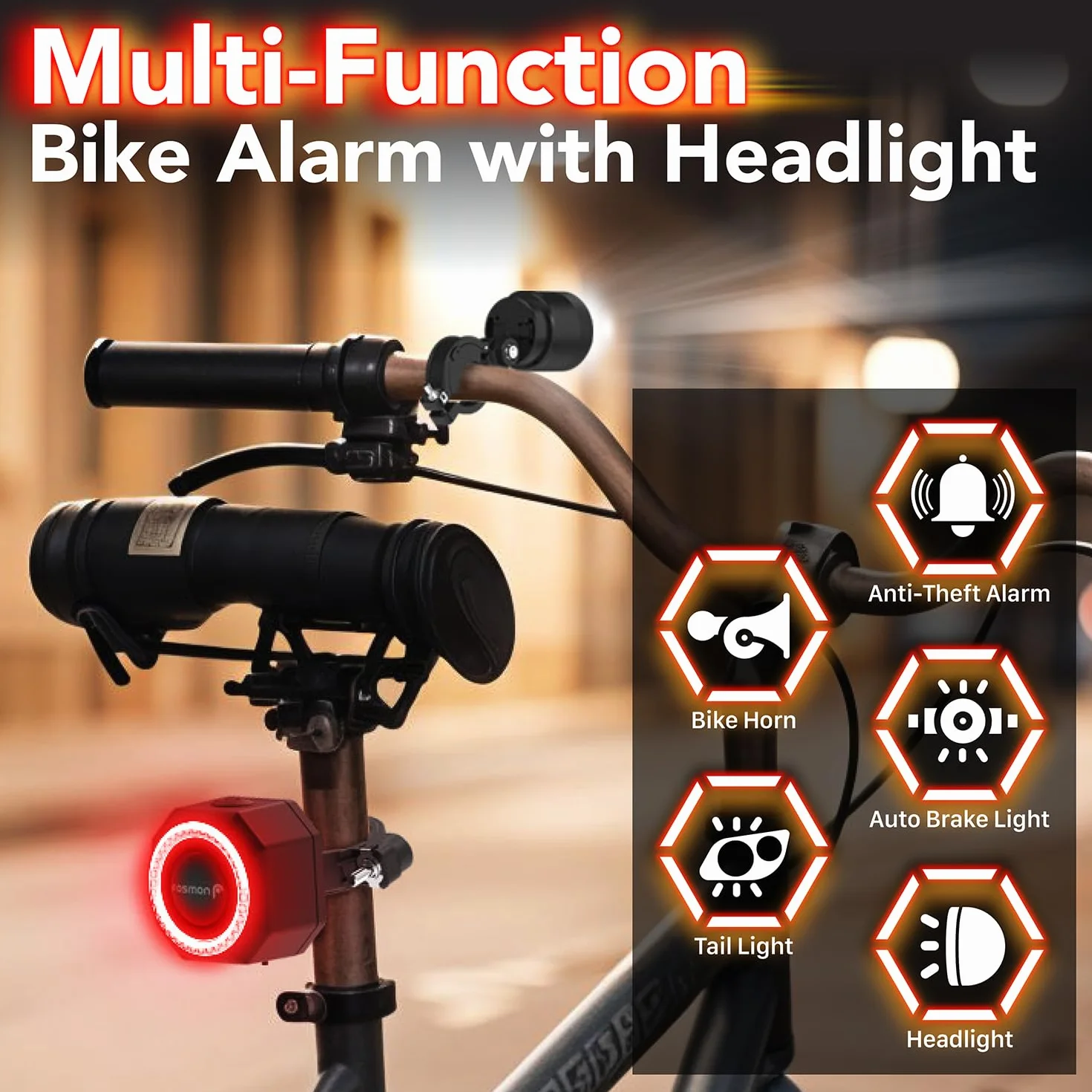 Fosmon – Alarme et Lumière Avant et Arrière pour Vélo et Trottinette avec Télécommande - Alarme Antivol 110 DB – Lampe Velo Avant et Arriere - pour Bicyclette Électrique, Moto, Trottinette Electrique