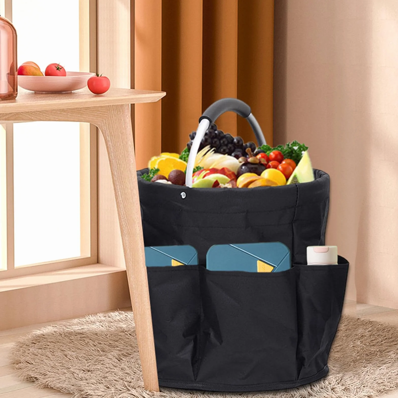 Sac de Rangement Pliable 28x28x28cm avec 6 Poches Latérales, Seau Portable pour Outils Jardinage