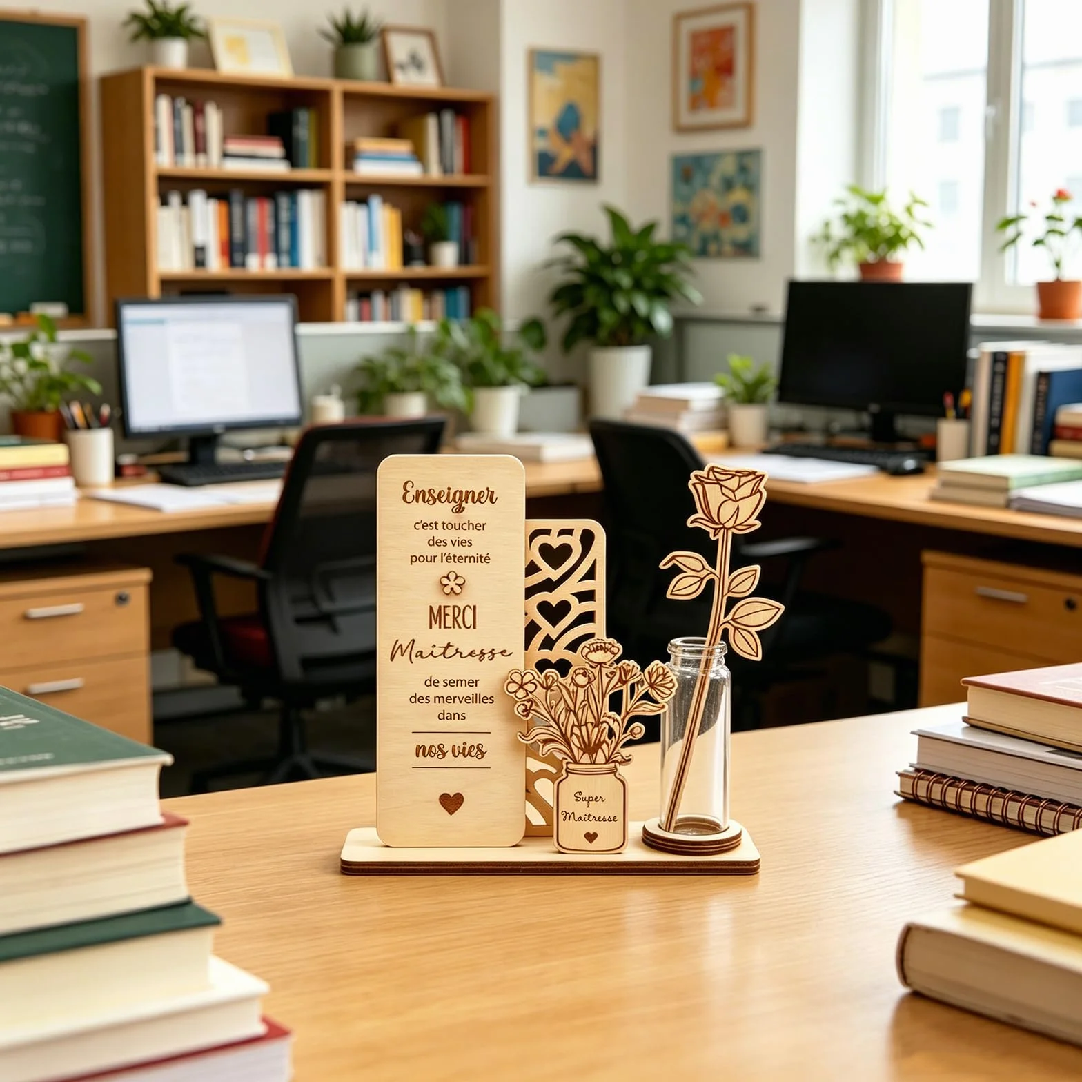 Plaque Décorative En Bois Avec Vase Et Rose Cadeau Maitresse D'École Original Souvenir Merci Maitresse Bureau Classe