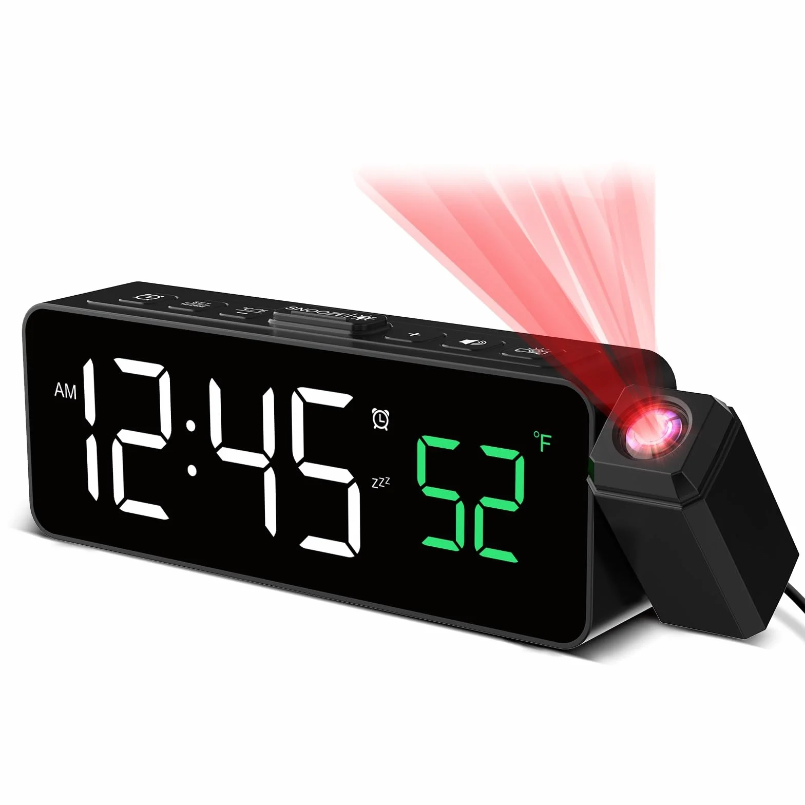 Réveil numérique avec projecteur 180°, température, écran LED, 4 niveaux luminosité, snooze 9 min, 12/24H, Blanc