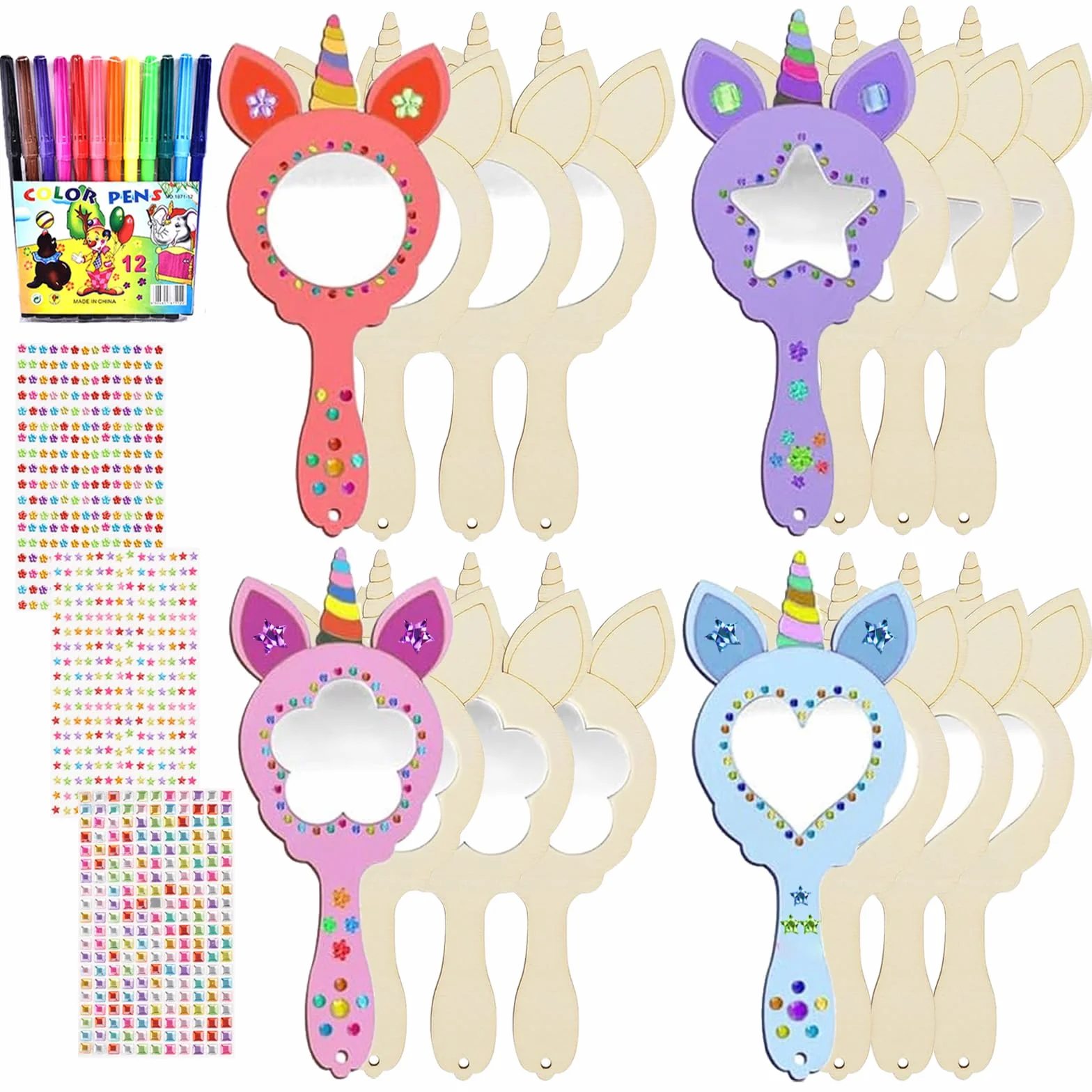 Kit Bricolage Miroir Licorne, Artisanat en Bois à Peindre avec Stylos Aquarelle et Autocollants Diamants, DIY Créatif pour Enfants