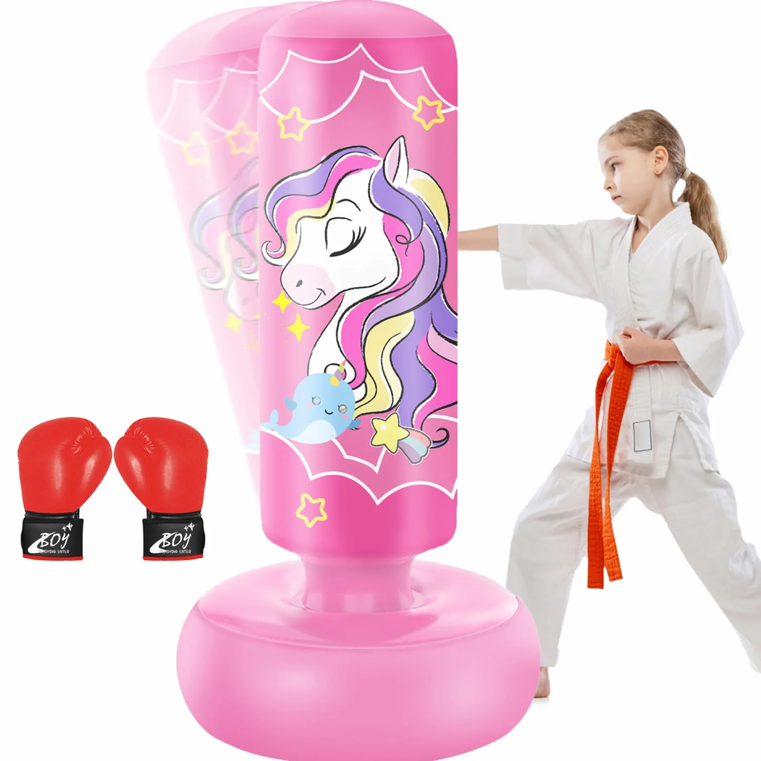 YORWHIN 168cm Sac de Frappe Gonflable pour Enfants avec Gants de Boxe, Sac de Boxe sur Pied, pour Les Enfants, Les Filles, Set de Frappe pour Pratiquer Le Karaté, Le Taekwondo et Le MMA
