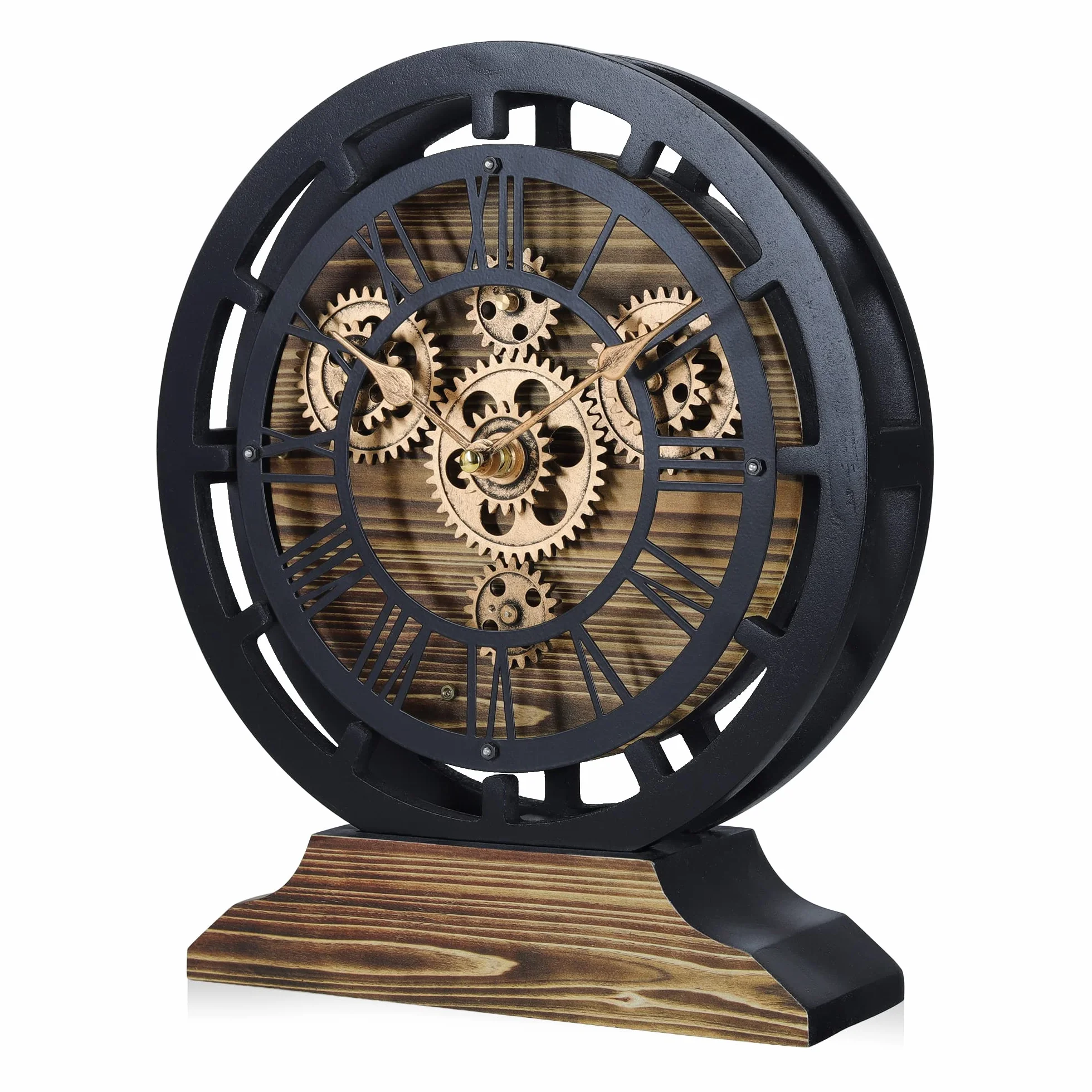 Lafocuse Pendule de Bureau Engrenages Mobiles Bois Industrielle Vintage Steampunk Noire 29cm Horloge Murale Rétro