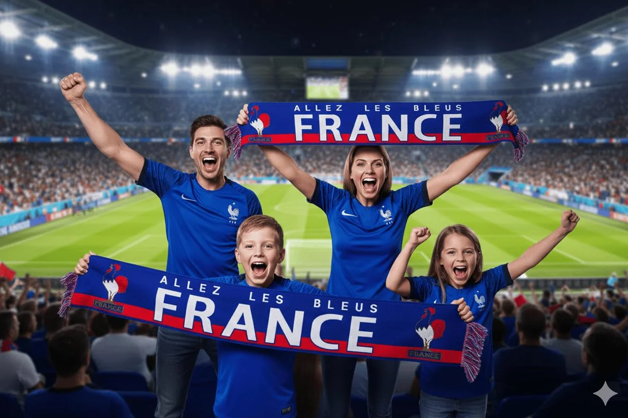 Écharpe de Supporter France, Bleu Rouge Blanc, 140 x 20 cm, Style Sportswear avec Logo Coq Gaulois