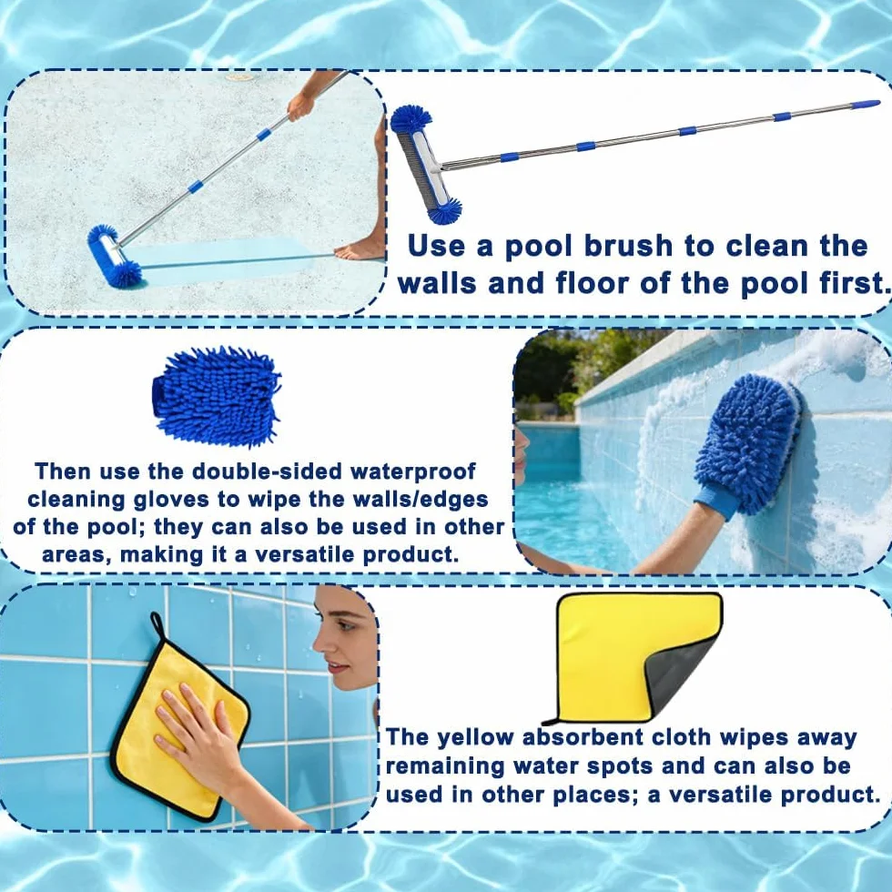 Brosse de Piscine avec Tige Télescopique 194 cm, Tête de Brosse 43 cm, Perche Amovible Acier Inoxydable