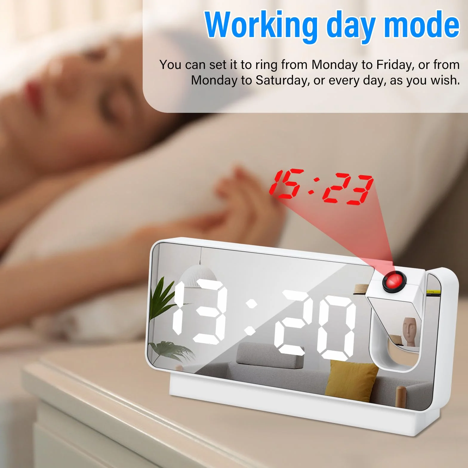 Reveil Projecteur Plafond Numérique avec Température Écran LED 180° Horloge 12/24H USB Blanc