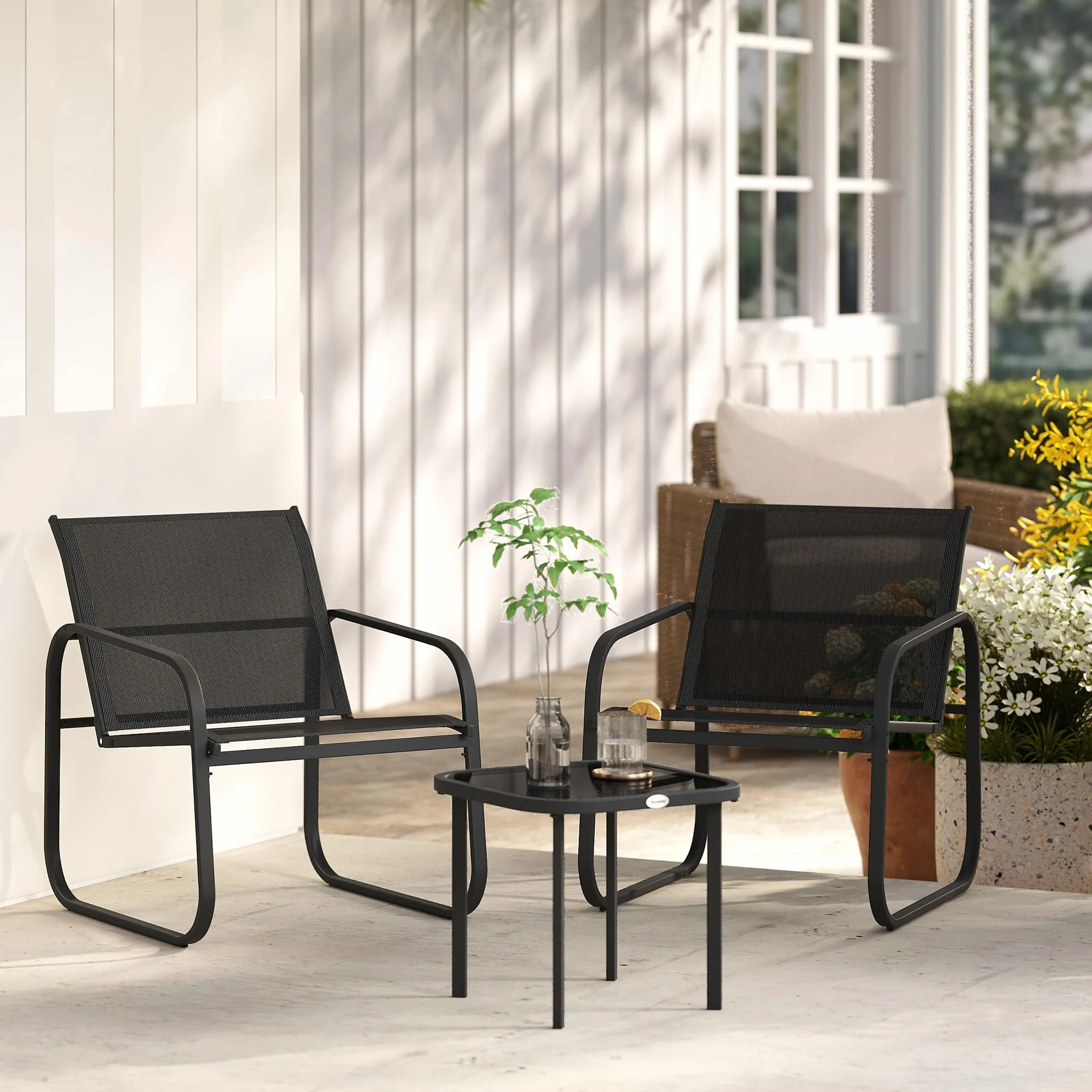 Outsunny Ensemble Bistrot Jardin 3 Pièces, Salon Extérieur 2 Personnes, Chaises Maille Table Basse Verre Trempé Noir