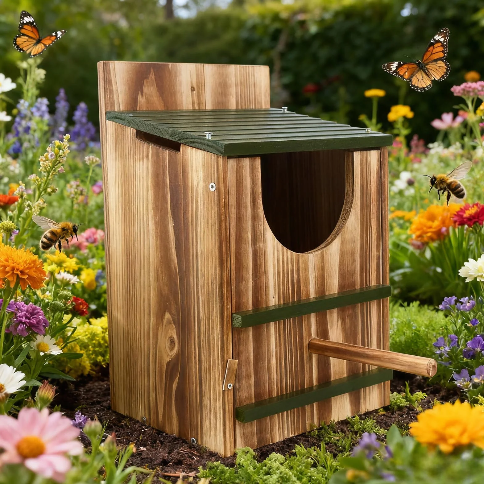 Niche pour écureuils en bois carbonisé 14,5 x 12 x 8,6 pouces, habitat extérieur durable