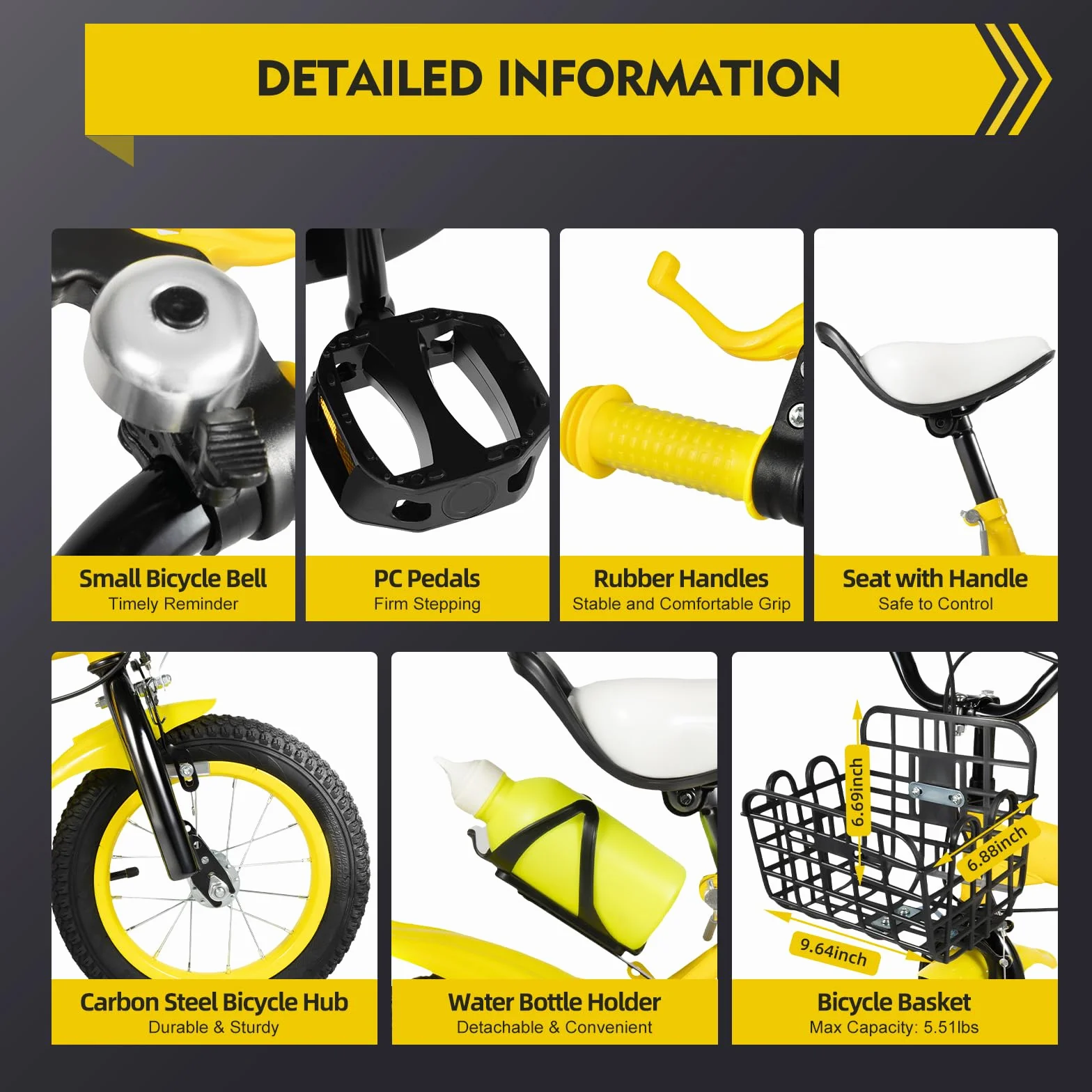 Vélo Enfant 12 Pouces Jaune pour garçons et Filles à partir de 2 à 5 Ans avec Roues stabilisatrices Selle réglable en Hauteur Guidon Panier Porte-Bouteille Double Frein Acier vélo Enfant vélo