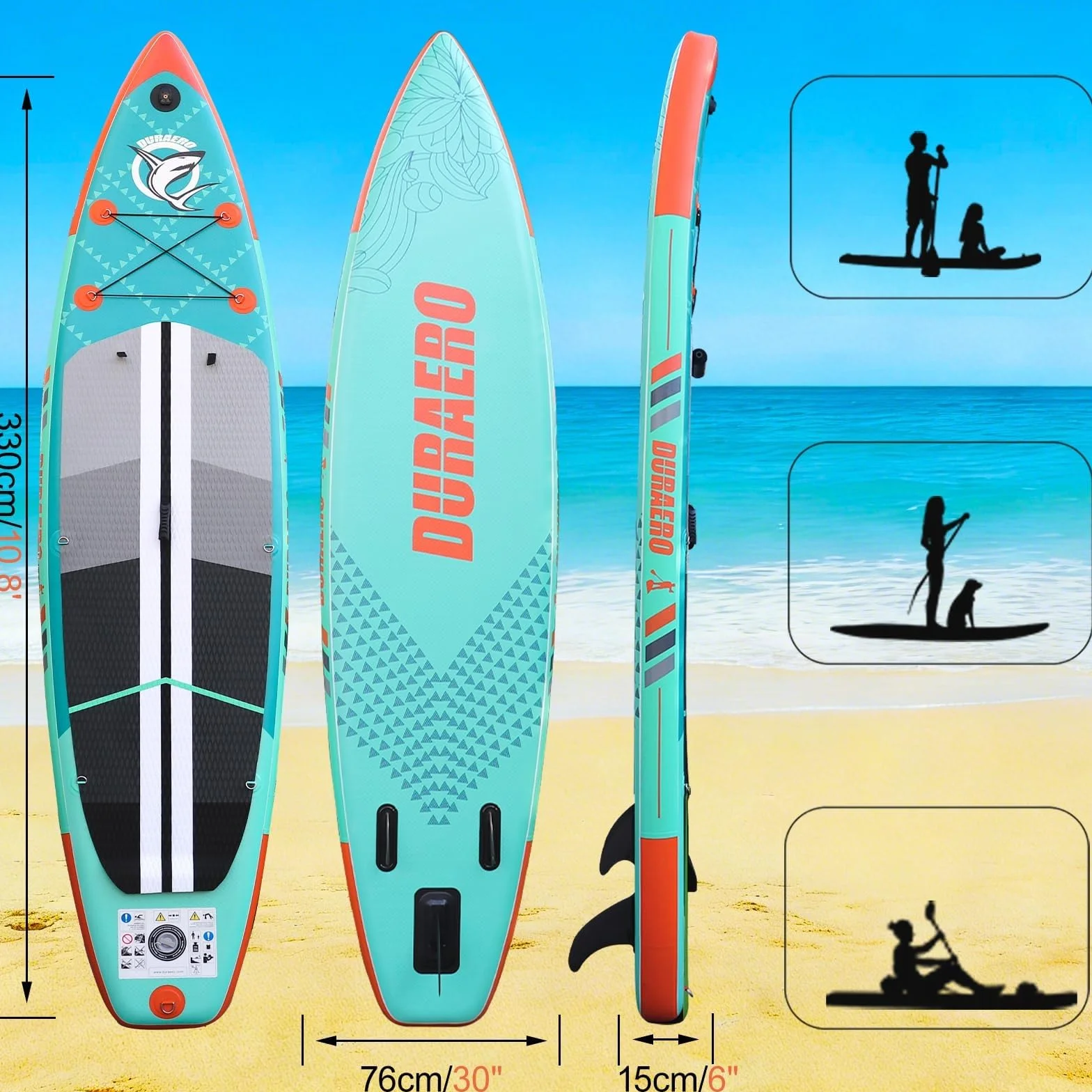 Stand up Paddle Gonflable Planches gonflables, siège Kayak,330 x 76 x 15 cm, jusqu'à 150 kg, Support GO-Pro, Pad intégré, 3 Ailes, Double pagaie réglable, Accessoires complets, Vert Menthe