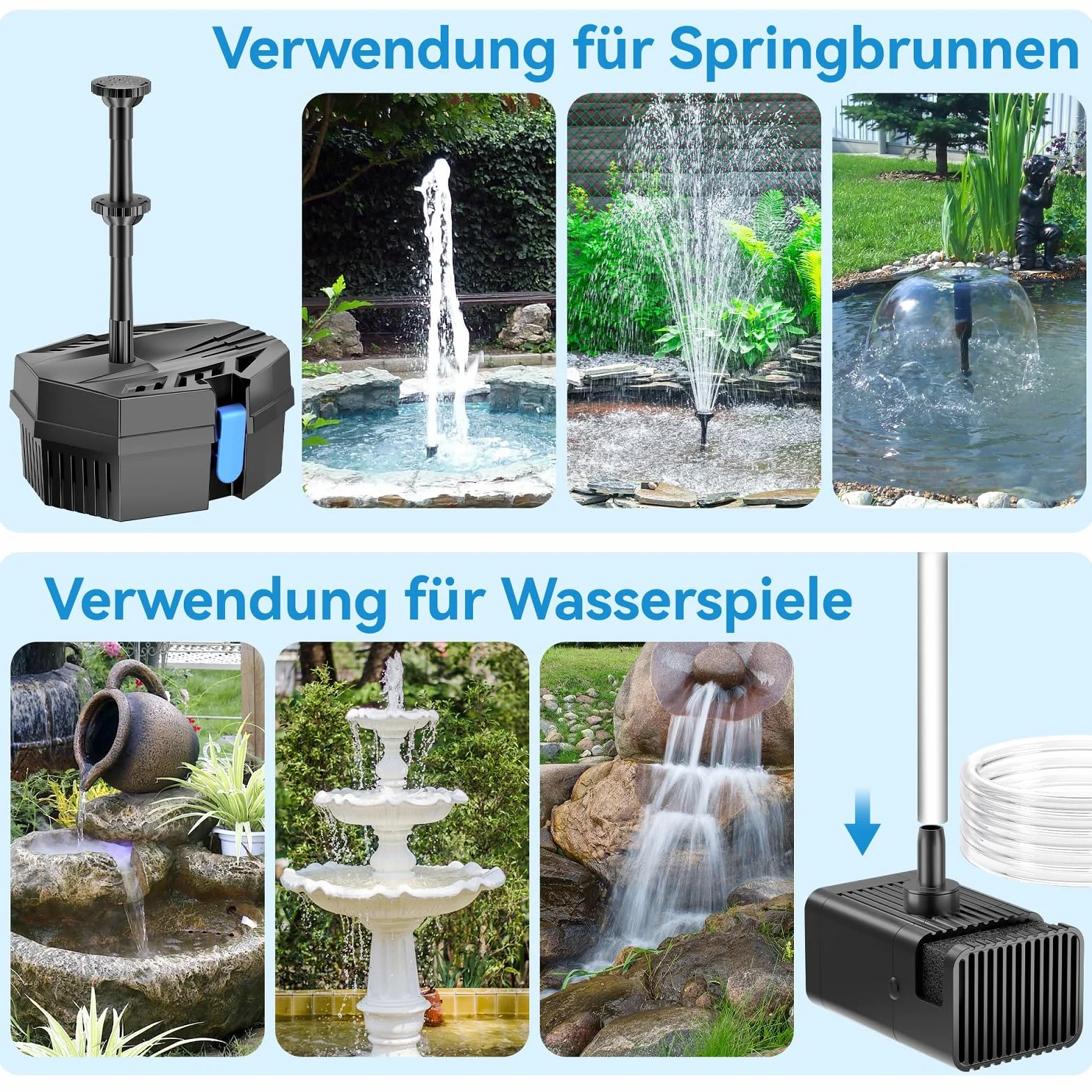 POPOSOAP Fontaine Solaire 8W avec Batterie 3000mAh Filtre Bassin - 8 Modes Pulvérisation Tuyau 1.5m pour Étangs Extérieurs