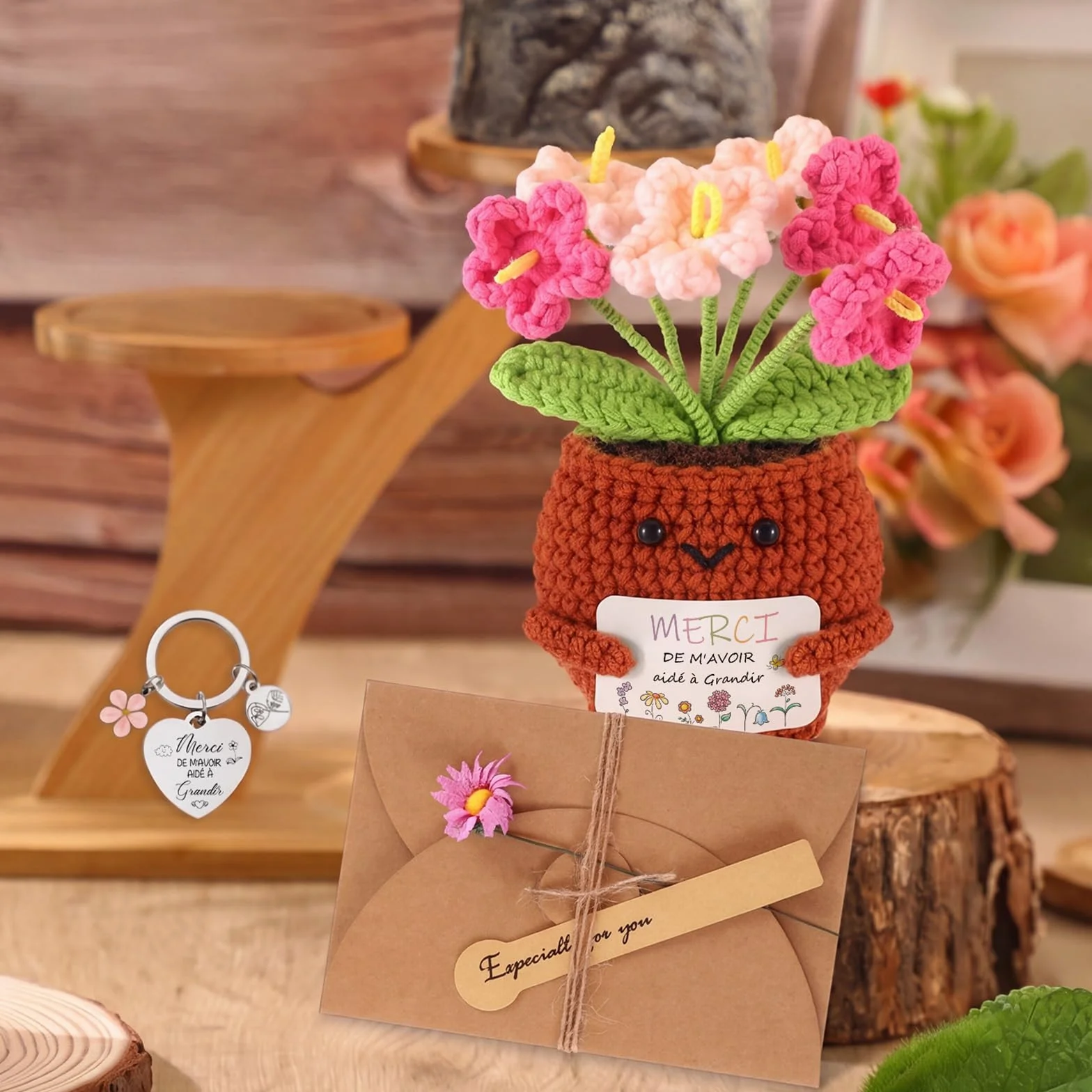 Hicarer 3 Pièces Poupée au Crochet Fait-Main Porte-Clés Carte de Vœux avec Marguerite Cadeau Merci Enseignant Fin d'Année
