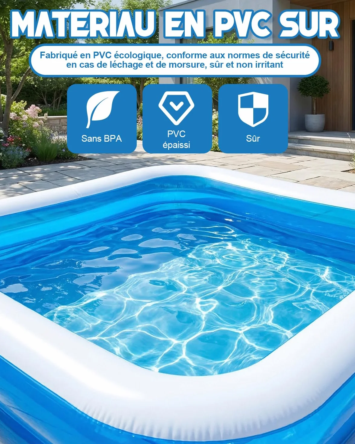 Piscine Gonflable Rectangulaire 260 x 155 x 45 cm, Grande Piscine pour Enfants Adultes, Bassin Pliable Extérieur Jardin