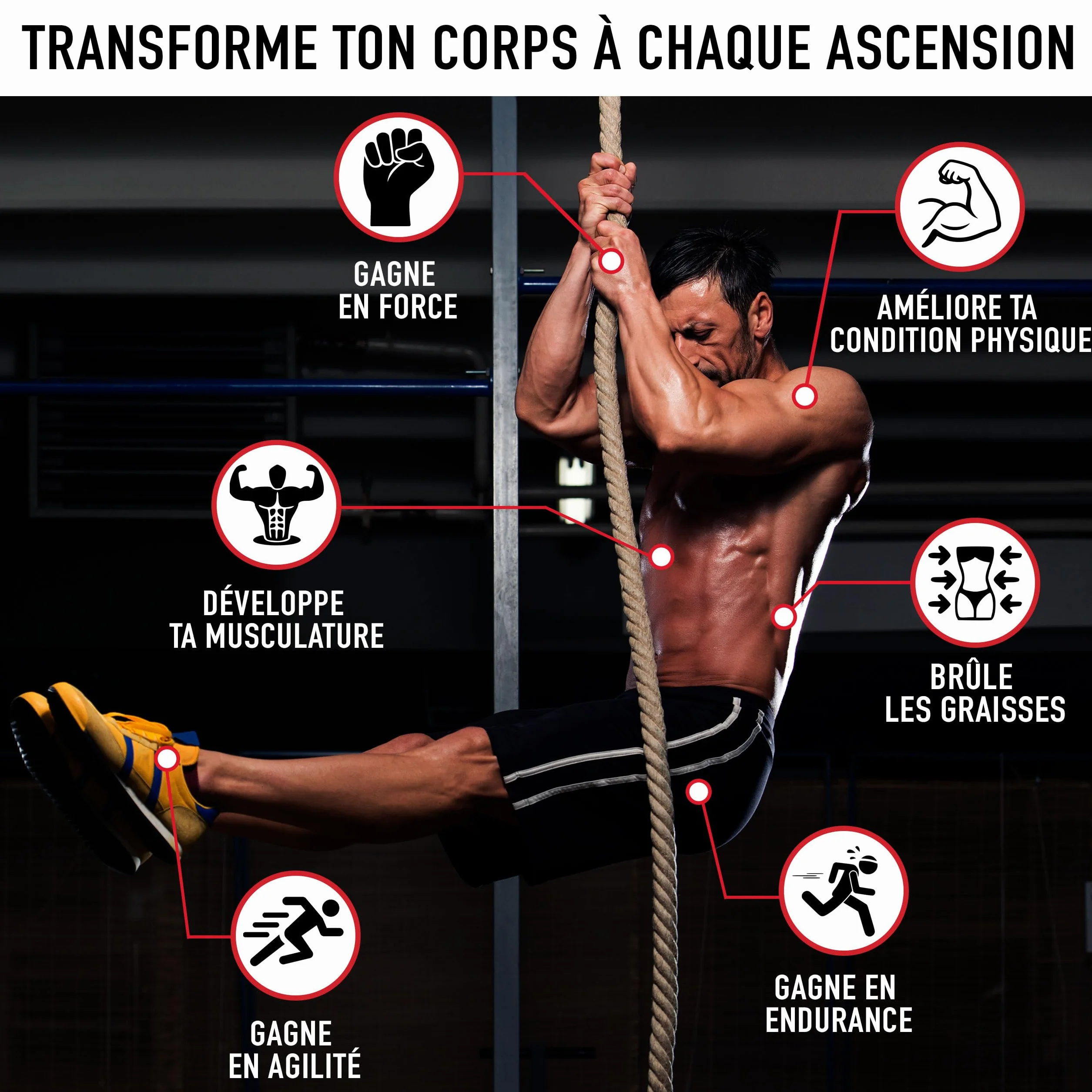 Corde à Grimper en Jute 38 mm, 3-6 m avec Mousqueton pour Crossfit et Pompiers