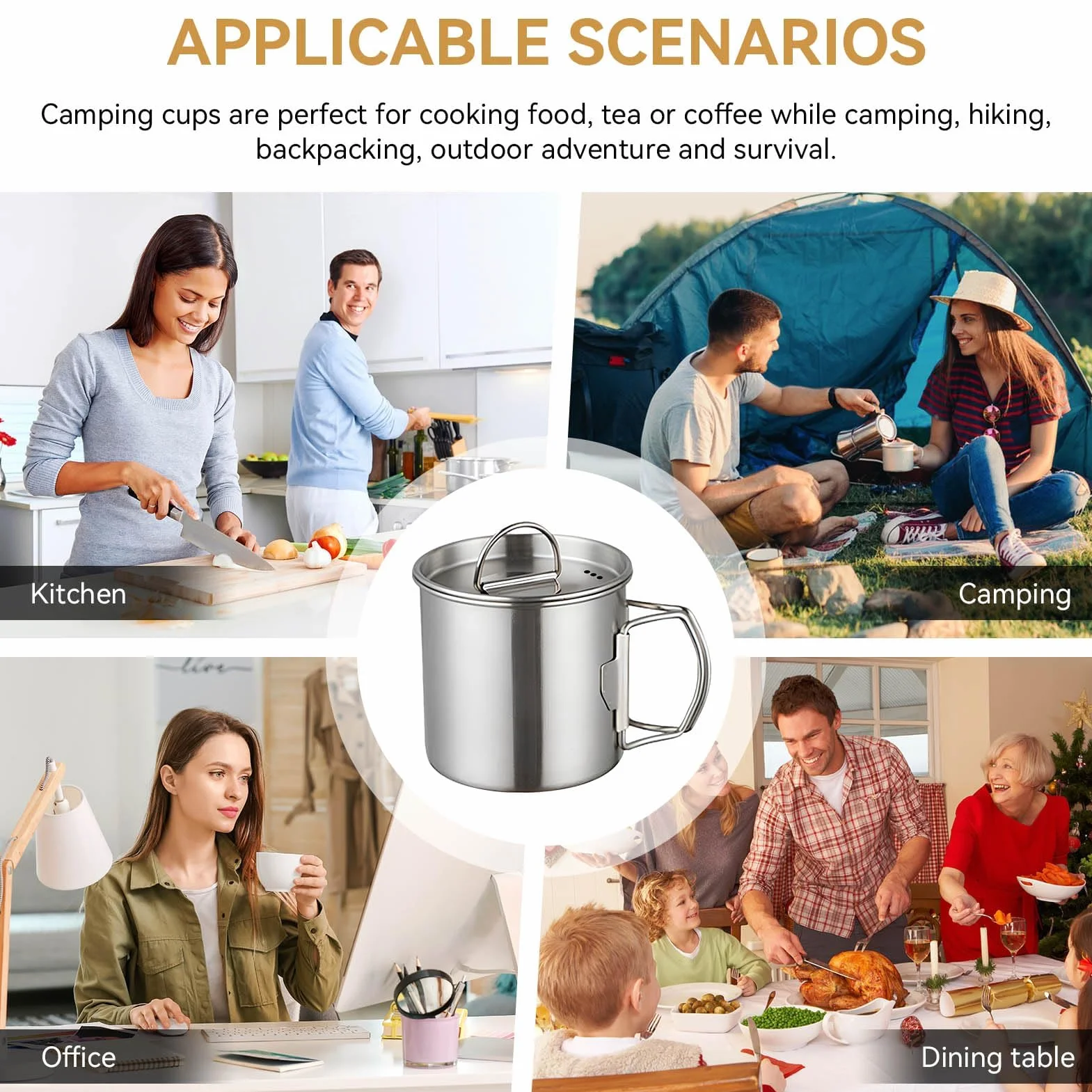 HERCHR 350ml Tasse de camping, tasse à eau en acier inoxydable avec poignées pliables et couvercle portable et résistante à la chaleur tasse à café isotherme pour le camping en plein air