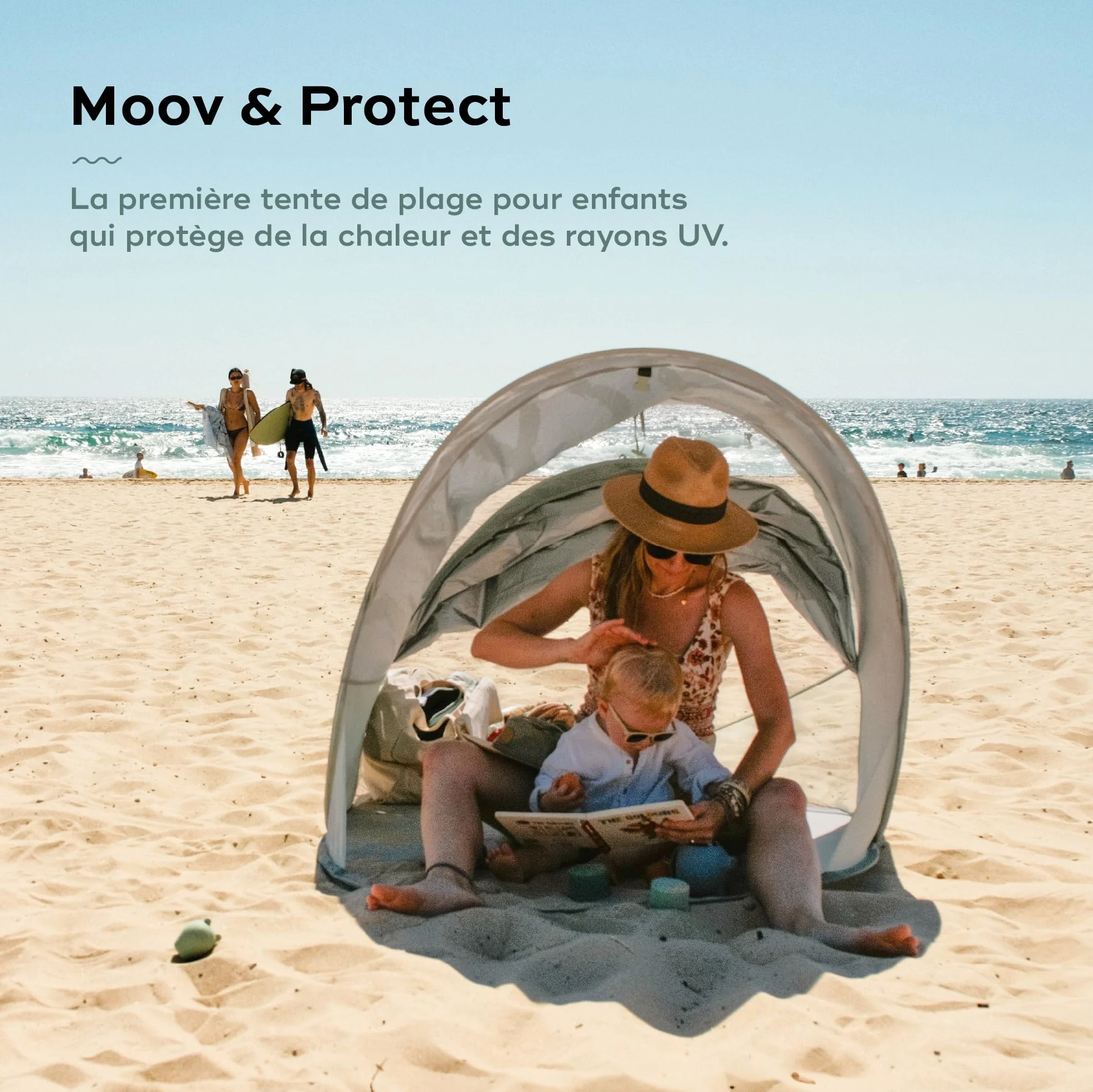 Babymoov Tente Anti-UV Bébé Rafraichissante Moov & Protect - Haute protection Anti-UV UPF 50+ - Système Pop Up - Grande Tente de plage - Moustiquaire à Maille Fine, Green Lagoon
