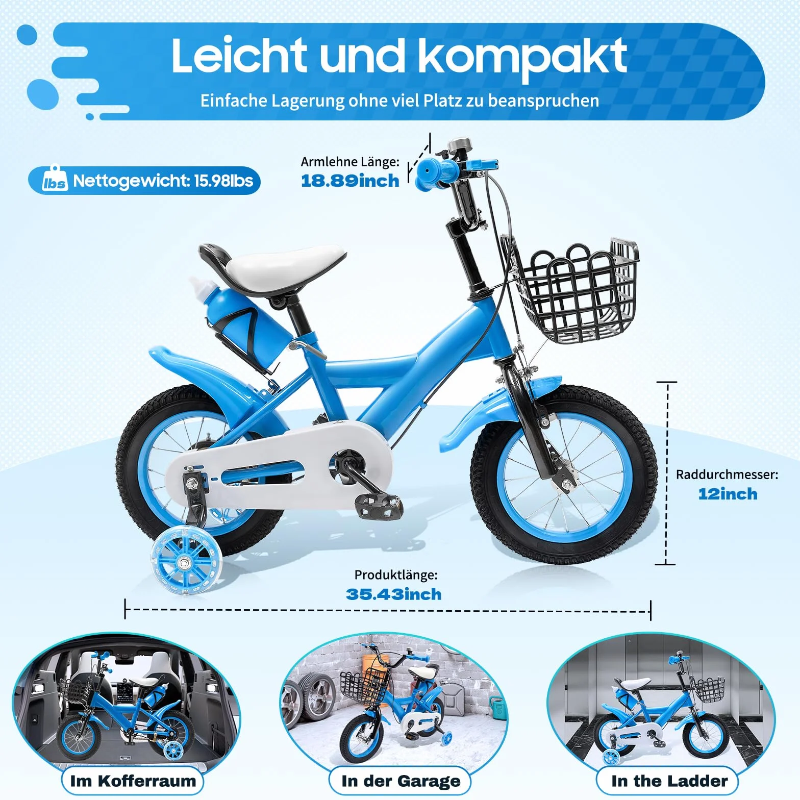 Vélo pour enfant de 12 pouces, avec roues stabilisatrices et panier, pour garçons & filles à partir de 2-4 ans, siège réglable en hauteur, guidon, capacité de charge de 40 kg, cadre robuste en