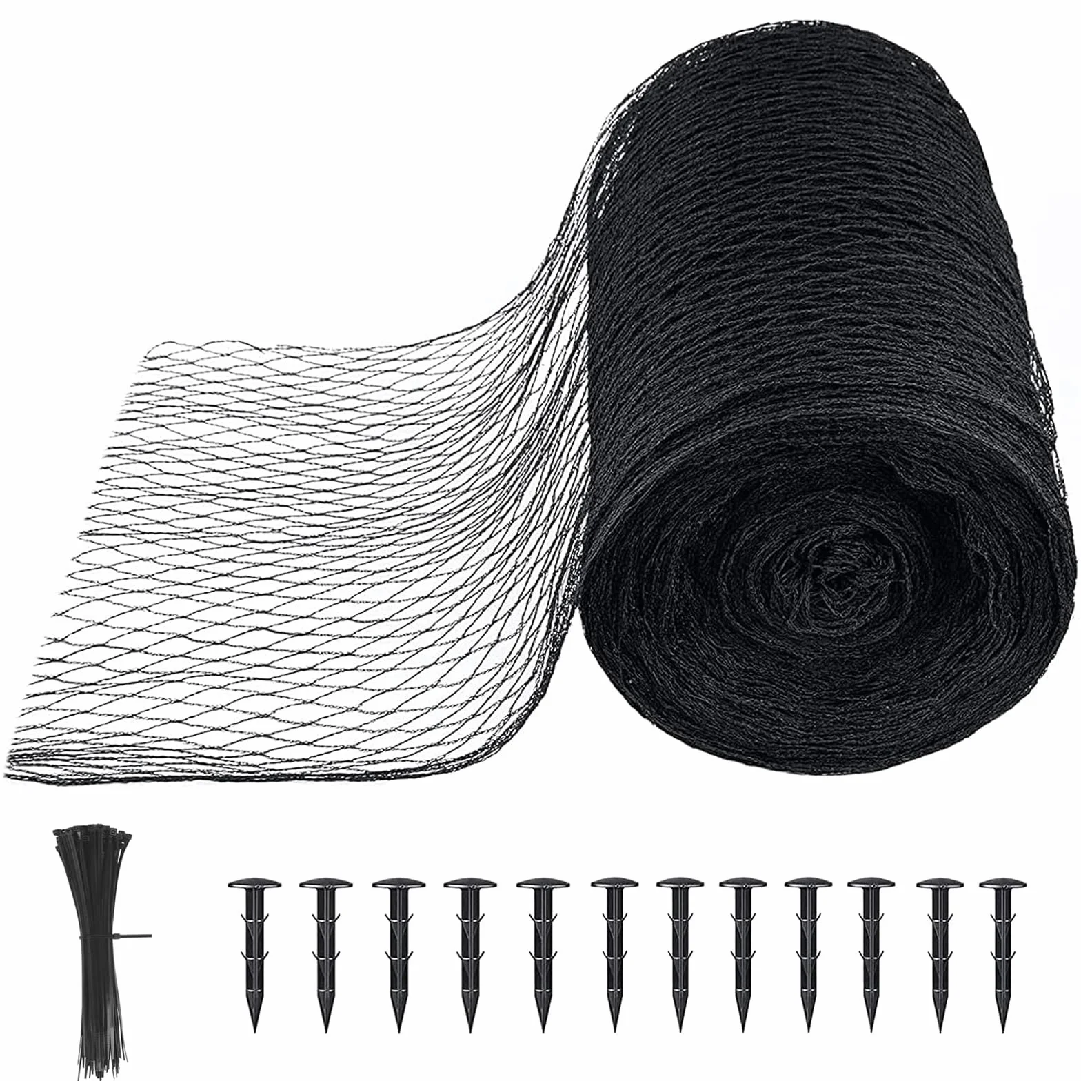 Filet de jardin polyéthylène noir 6 m x 12 m maille 1,2 cm avec piquets de sol