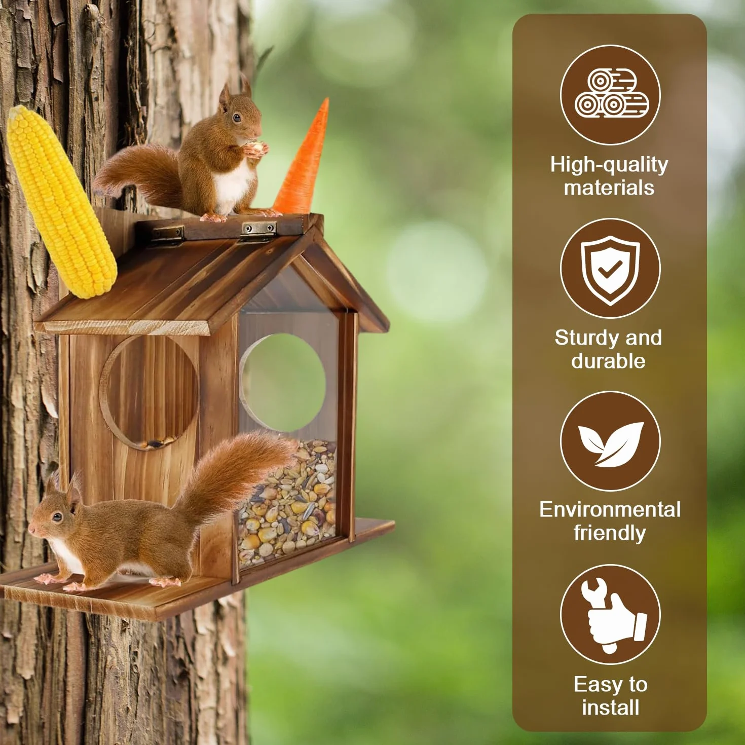 Mangeoire Écureuil Extérieur en Bois pour Jardin Balcon