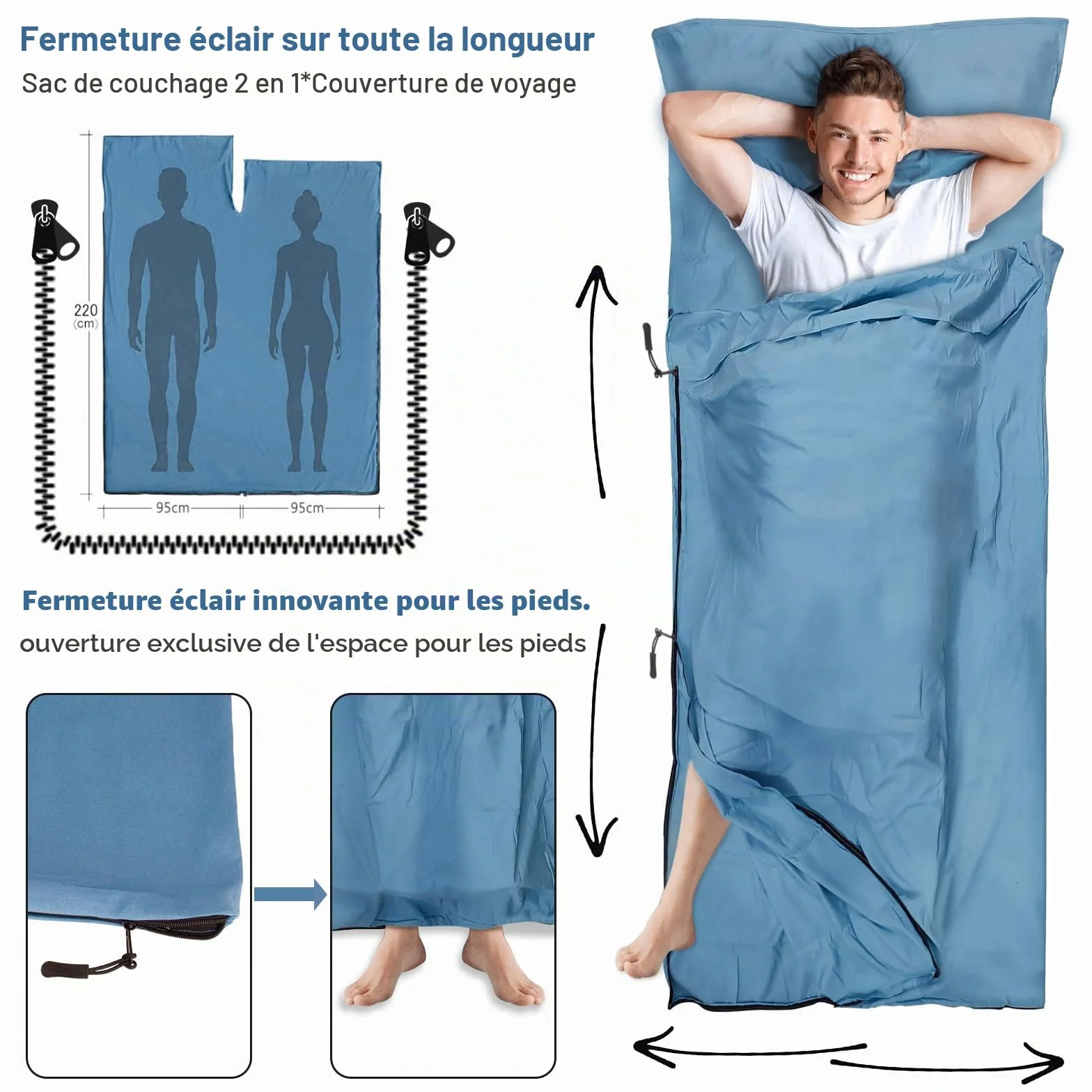 Sac de Couchage Cabane Adulte 2 en 1 avec Fermeture éclair, 95x220 cm