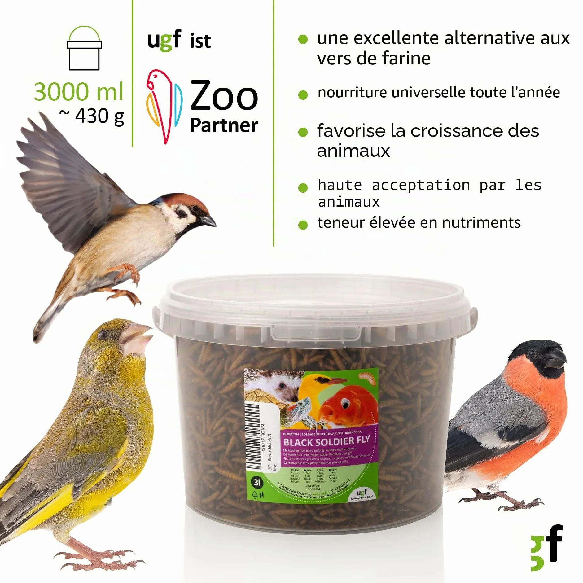 UGF Hermetia Mieux Que Les vers de Farine séchés 430 g Seau 3 litres 85 Fois Plus de Calcium Friandises pour Oiseaux Sauvages