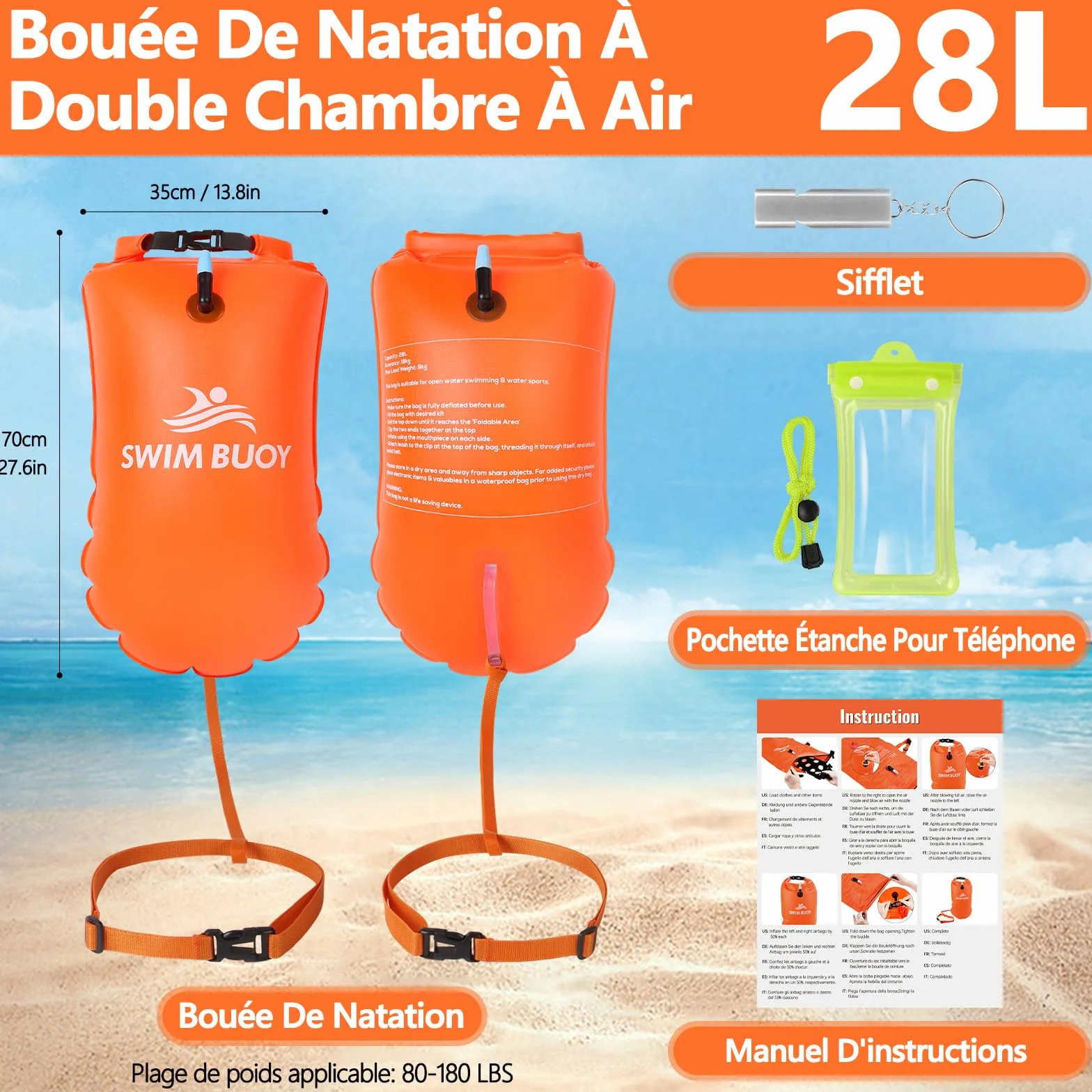 Aragallant Bouée de Natatio 28 L, Flotteur Natation Extérieur, Flotteur de Sécurité et Sac Étanche, Nageurs Sports en Eau Libre