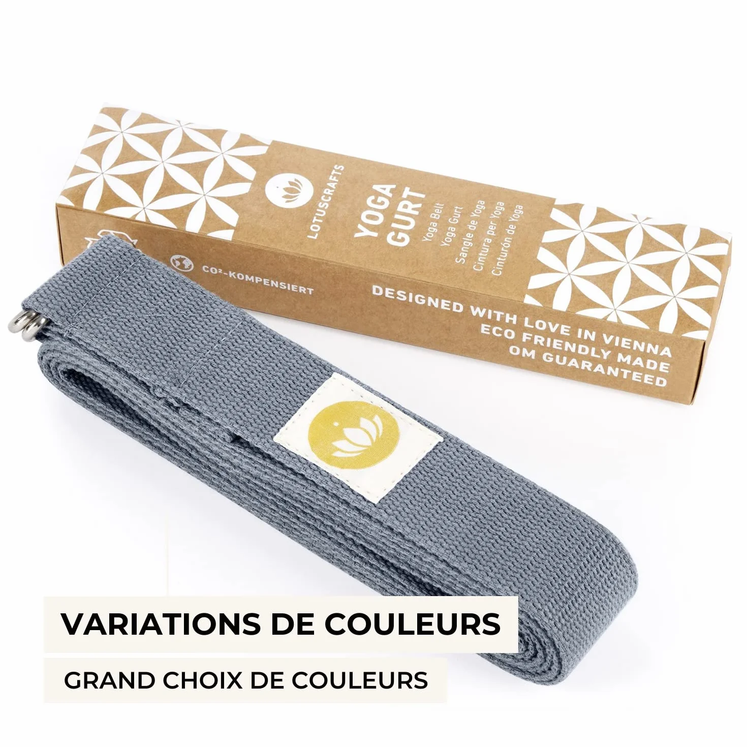 LOTUSCRAFTS Sangle de yoga, Ceinture de yoga, 100% coton bio, pour un meilleur étirement, pour débutants et avancés, 250 x 3,8 cm