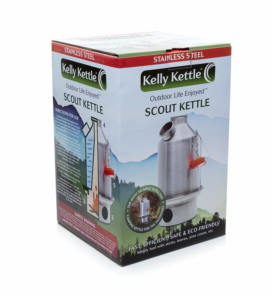 Kelly Kettle Kit de 'Scout' avec Bouilloire de 1,2l en Acier Inoxydable + Batterie de Cuisine + Support de Marmite + Sac de Transport
