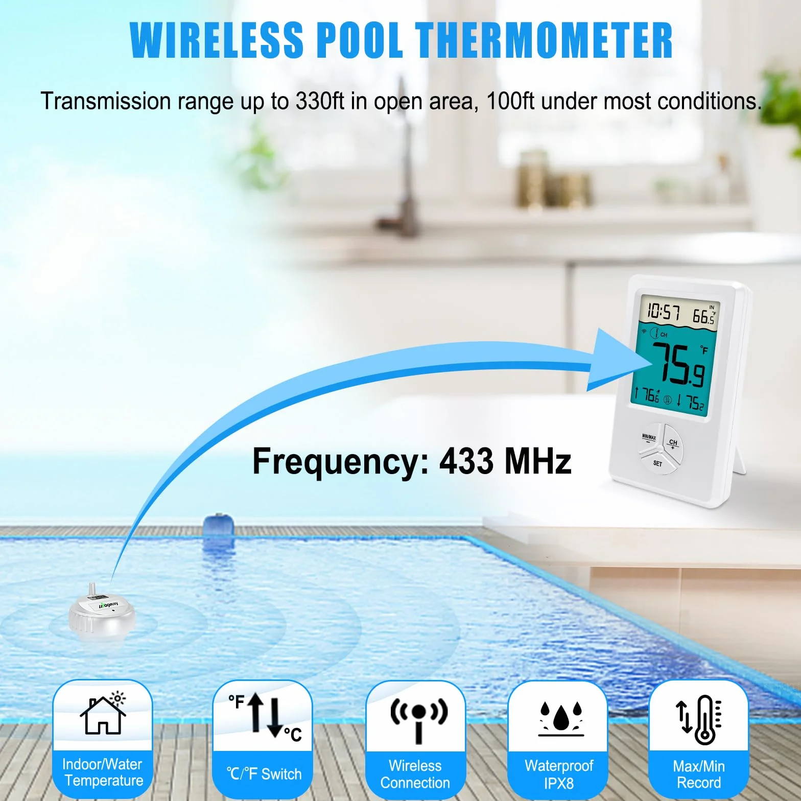 Thermomètre de piscine flottant sans fil intérieur extérieur pour spa bains à remous étangs blanc