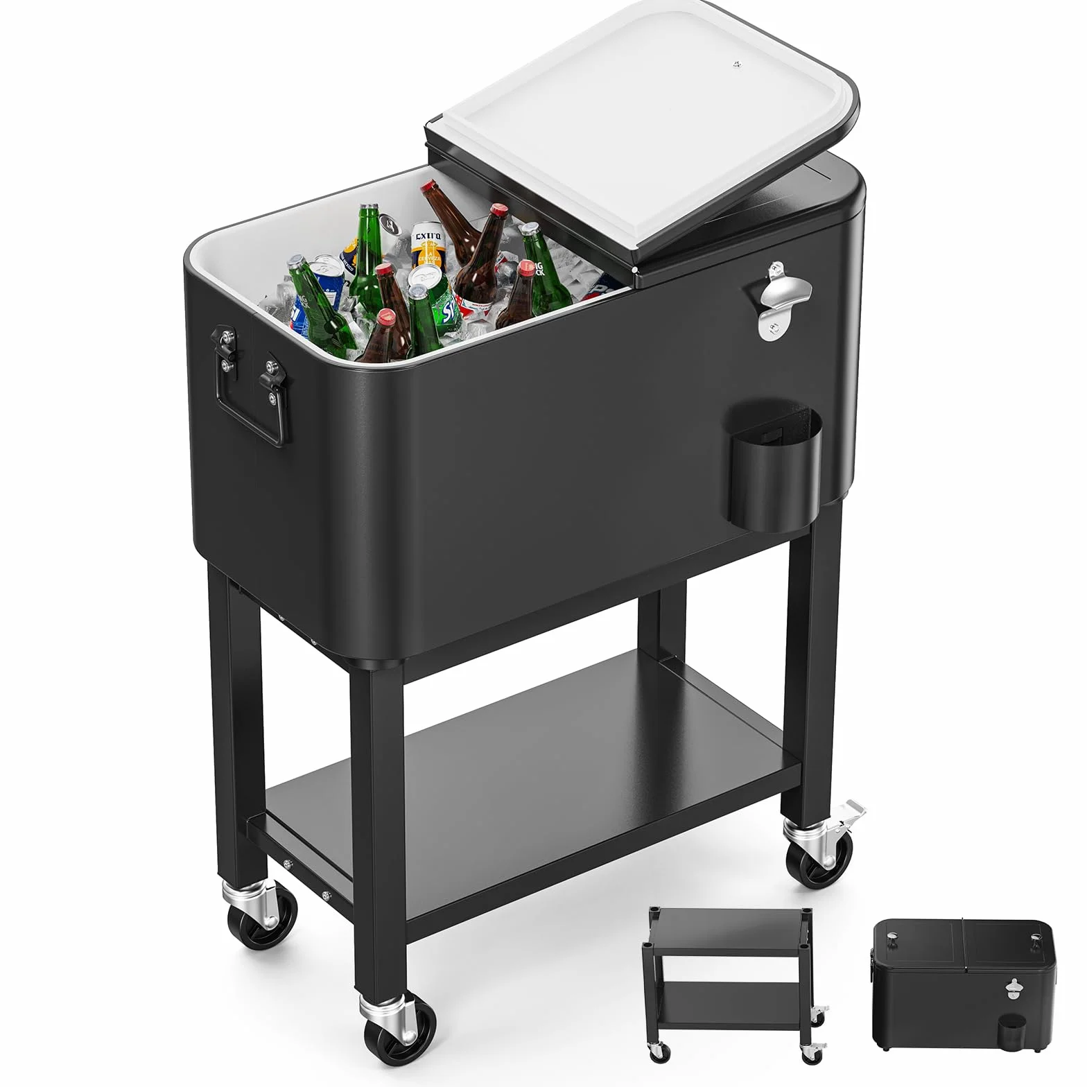 Bonnlo Glacière à roulettes 76 L Frigo Camping Jardin Chariot Frigorifique Ouvre-Bouteille Attrappe-Capsule