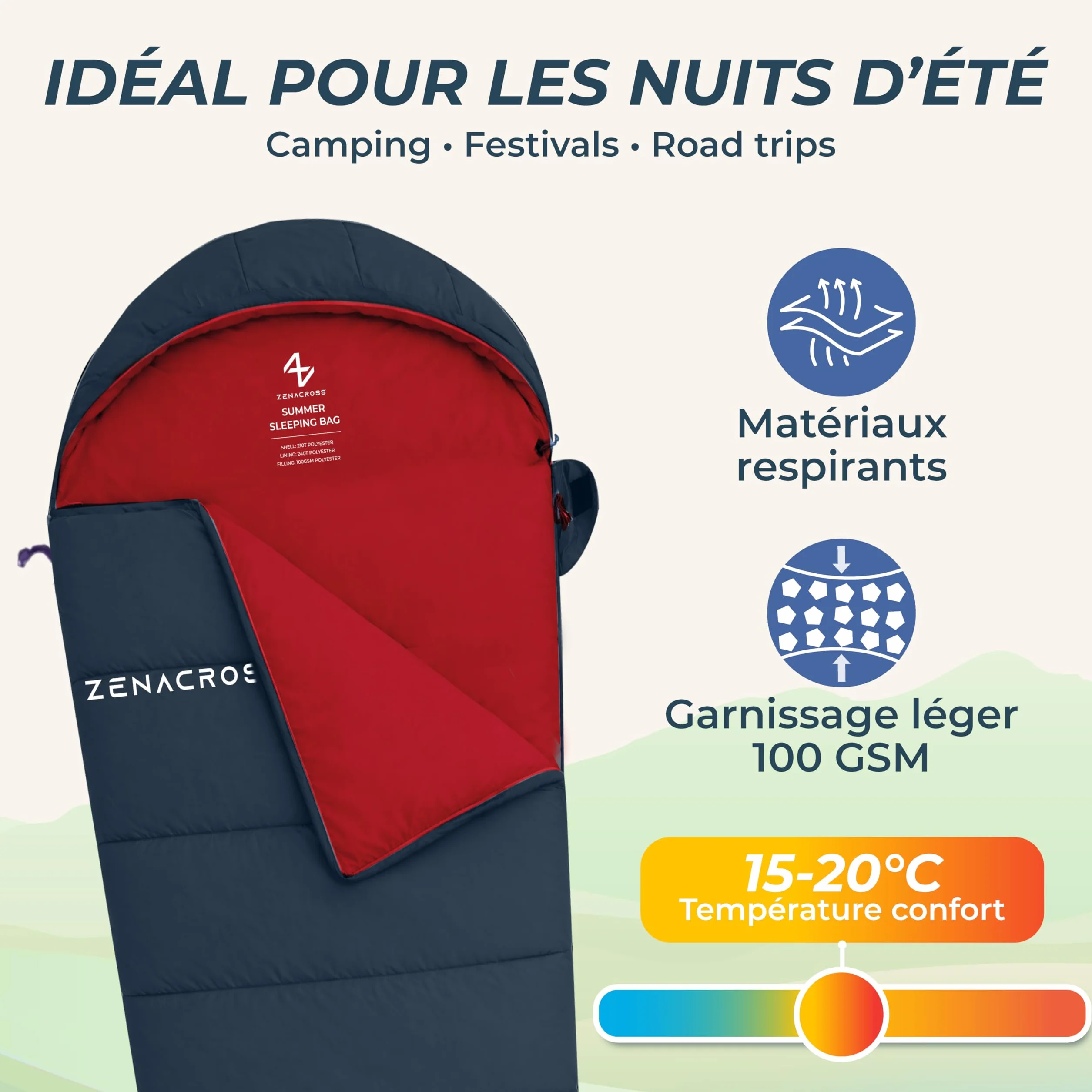 Sac de Couchage Adulte Ete - Duvet 1 Personne Compact & Ultra Léger (900g) - Sacs de Couchage de Camping et Randonnée, Festivals
