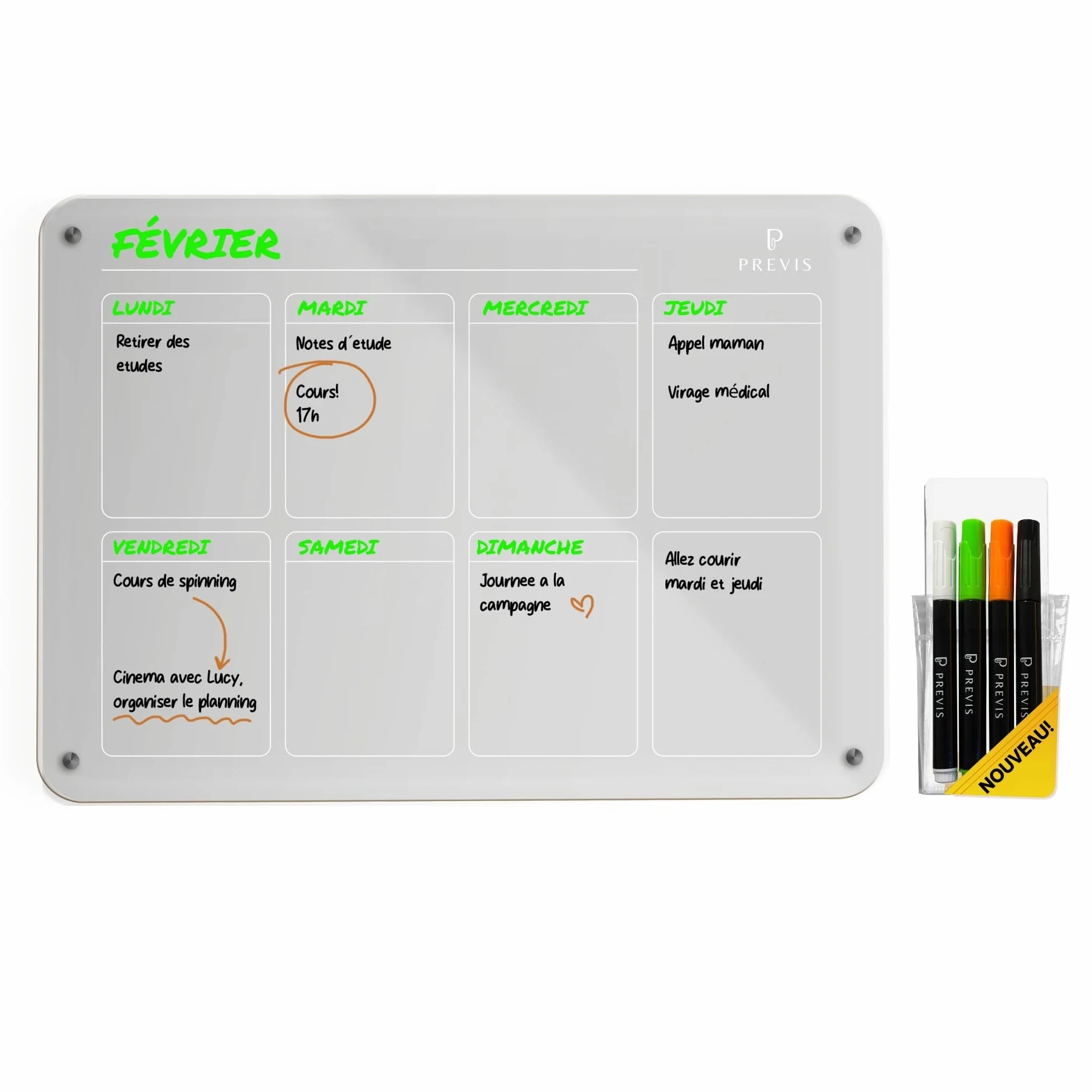 PREVIS BRAND Planning Frigo Magnetique Hebdomadaire Plexiglass Transparent A3 (30x40cm) avec 4 Marqueurs - Tableau Planner Frigo Acrylique