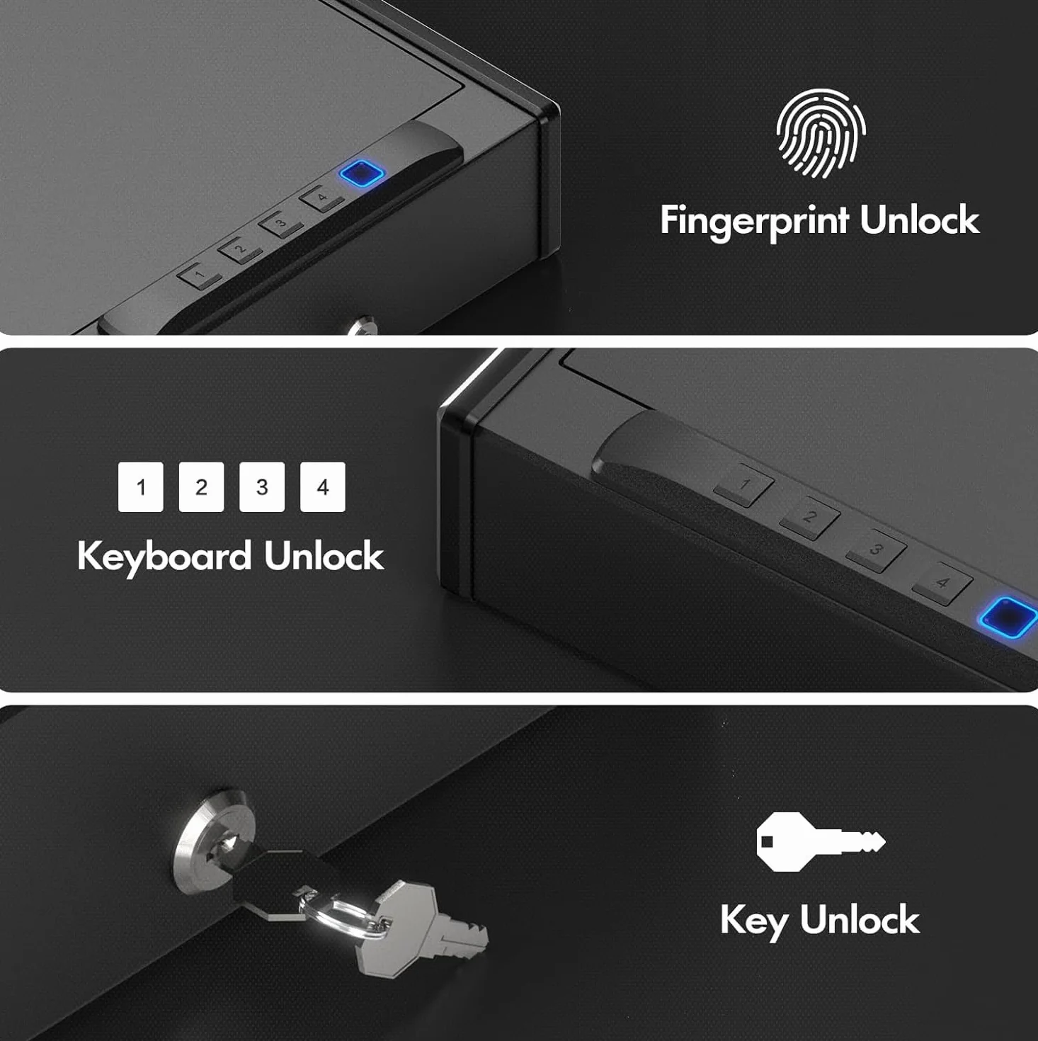Armoire biométrique pour pistolets - Armoire à armes à feu à accès rapide à 3 voies avec empreintes digitales/clavier numérique/clé pour la maison, la table de chevet et la voiture - Noir laqué