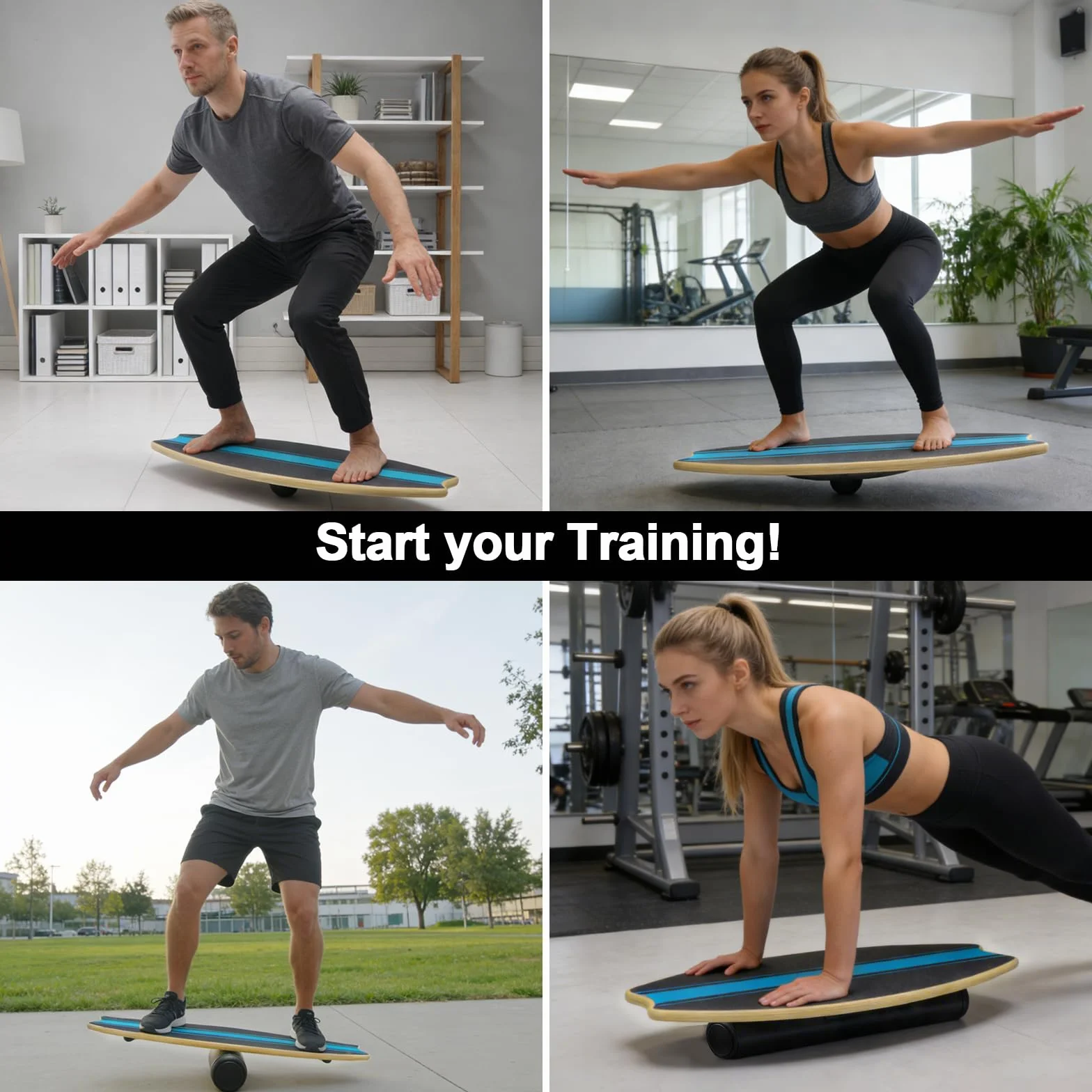 Planche d'équilibre en bois 7 en 1 avec rouleau et ballon - Entraînement surf adulte