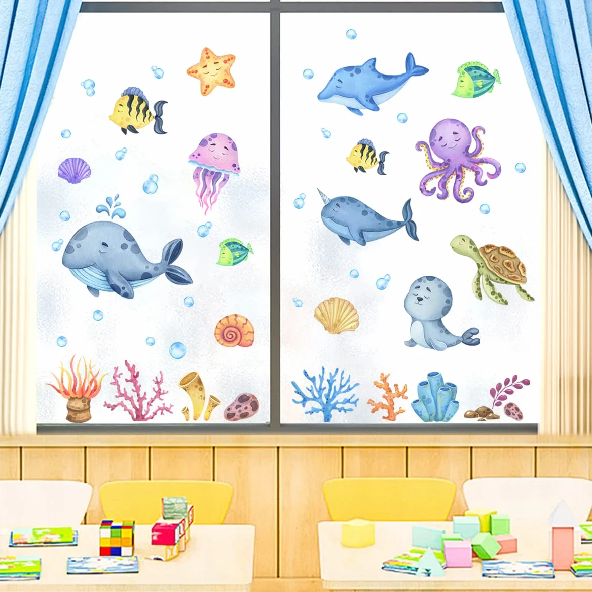 Stickers fenêtre enfant MONDE SOUSMARIN imperméable 59 pièces animaux marins poissons mer océan autocollant salle de bain