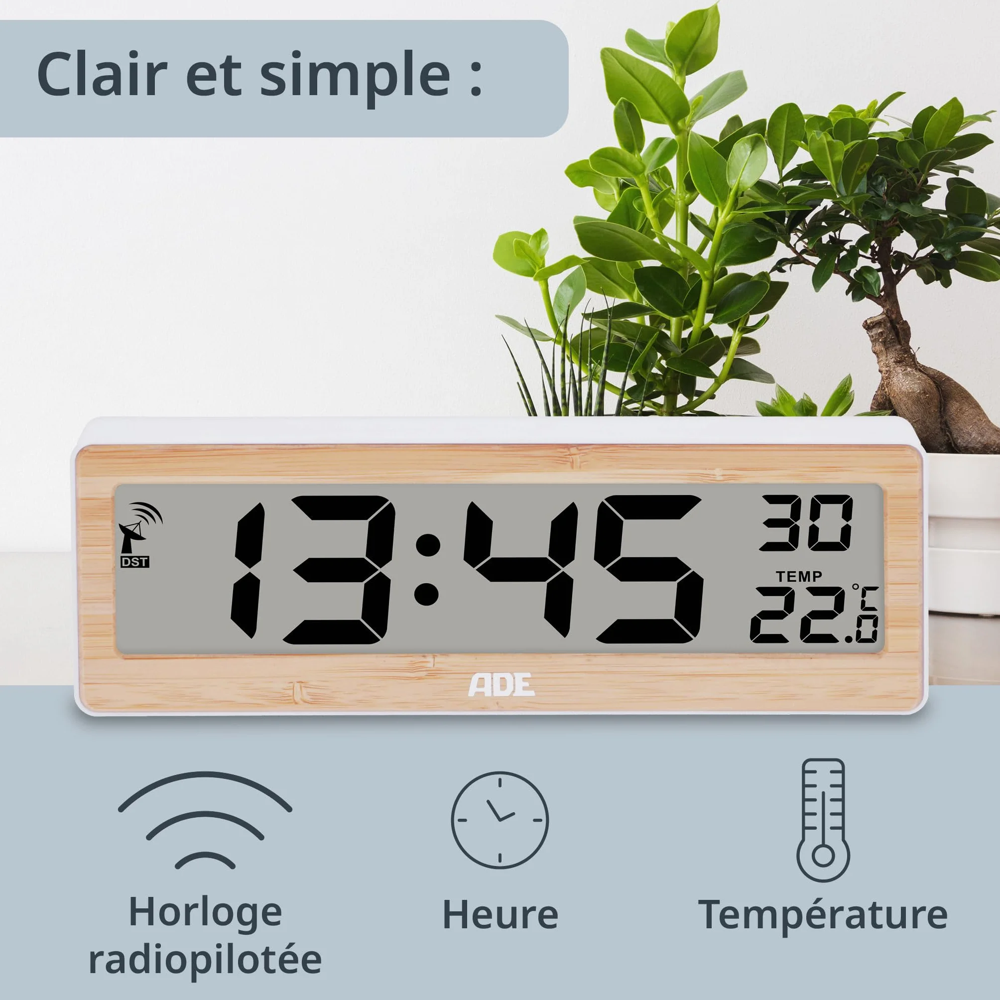 ADE Horloge radiopilotée numérique grands chiffres affichage température cadre bambou véritable
