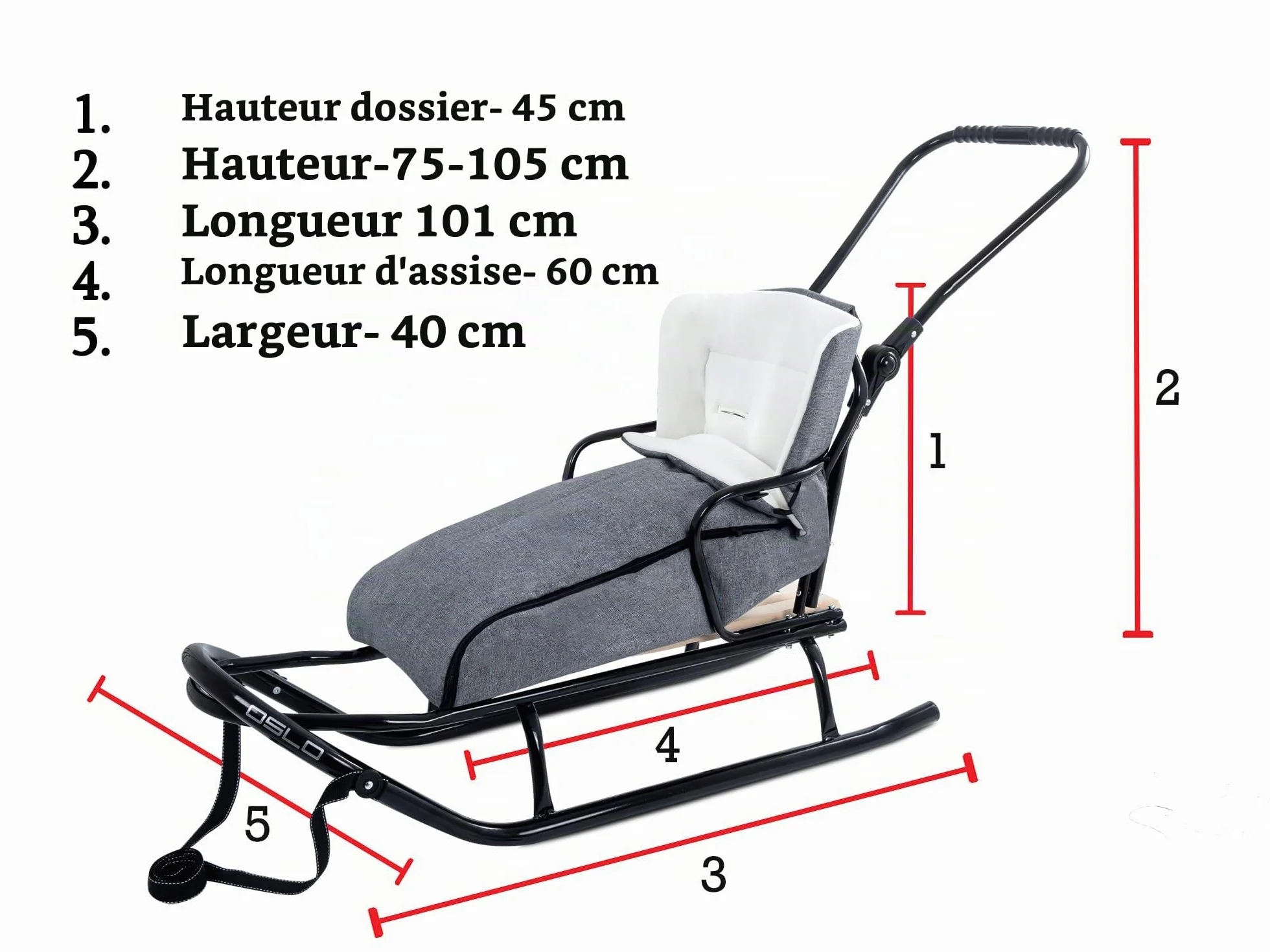 Luge GagaDumi Oslo en métal avec Dossier avec Ceintures de sécurité, Barre de poussée et chancelière, Luge pour bébé, idéale pour Les Enfants et Les Adultes, Charge jusqu'à