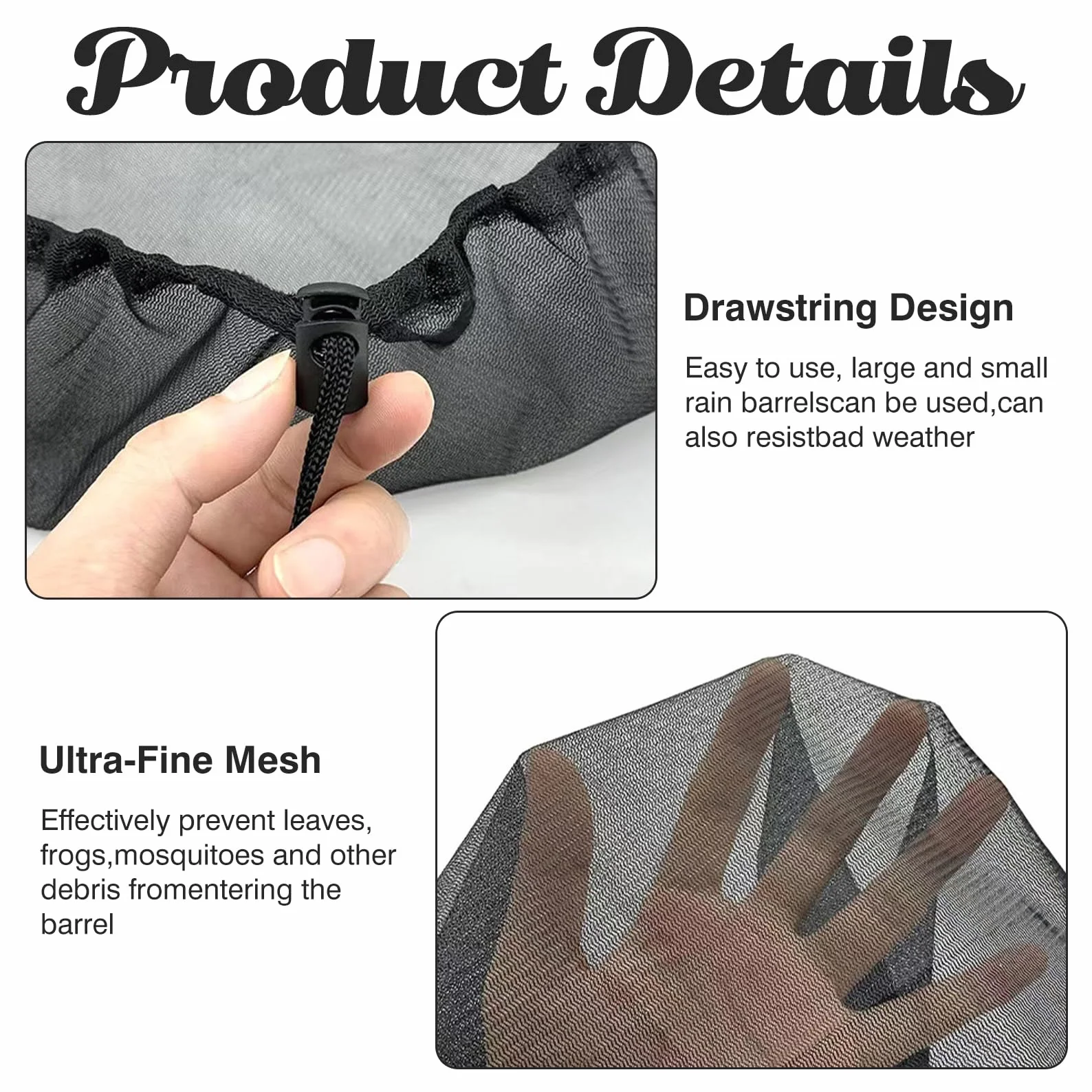 Lot de 2 filets de citerne de pluie de 95 cm avec cordon de serrage, filet de protection réglable pour citerne de pluie, moustiques, anti-feuilles et larves de moustiques