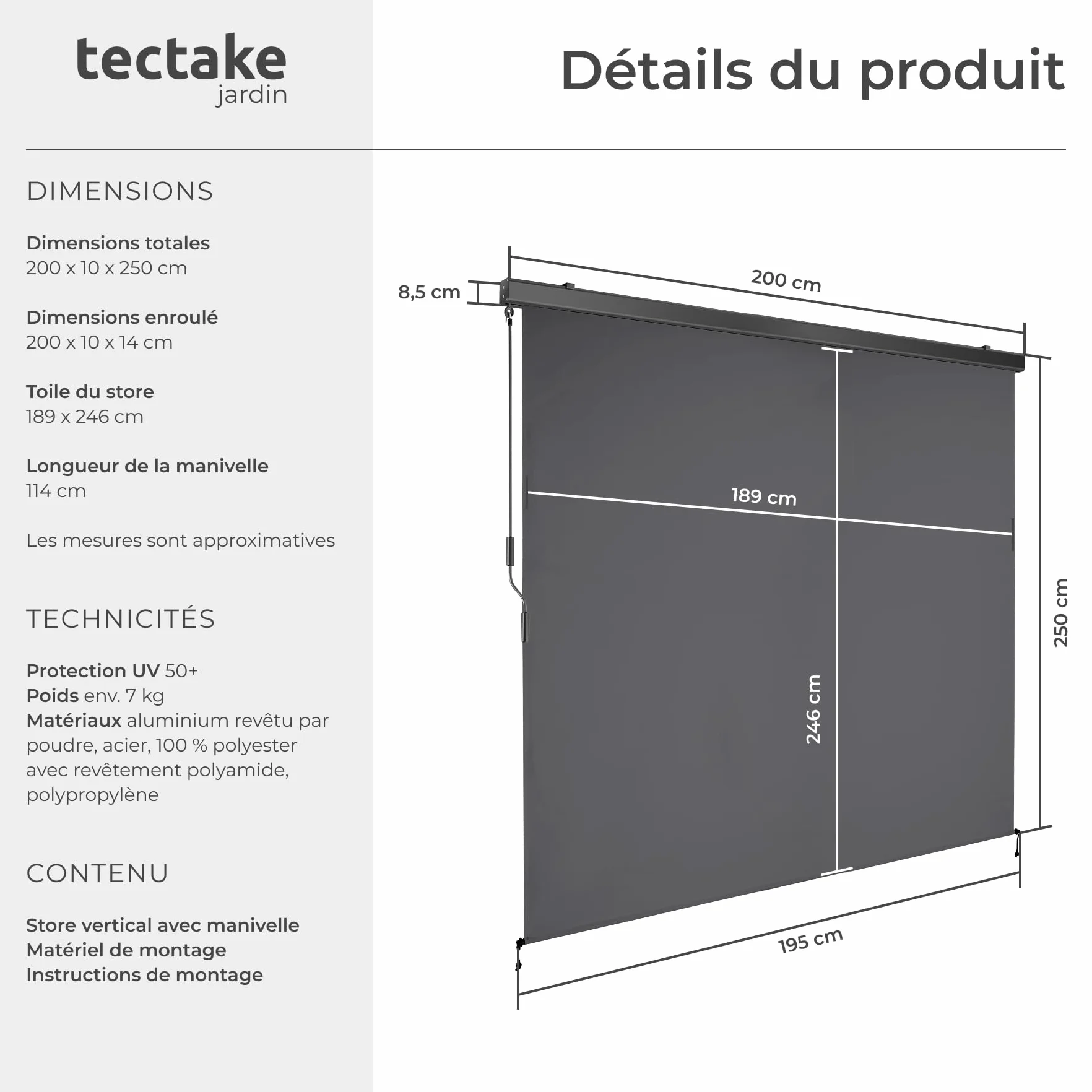 Store Vertical Enroulable Brise Soleil avec Manivelle Acier laqué époxy Gris foncé 200 x 250 cm