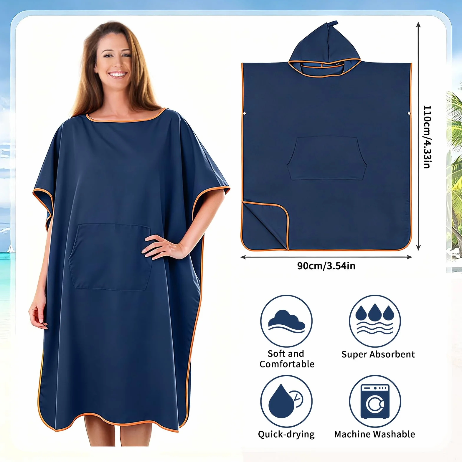 Poncho de Bain Adulte, Poncho de Plage Femme Homme, Serviette de Plage pour se Changer avec Capuche, Serviette Microfibre Plage, Peignoir de Bain pour Camping, Surf, Natation, Plongée