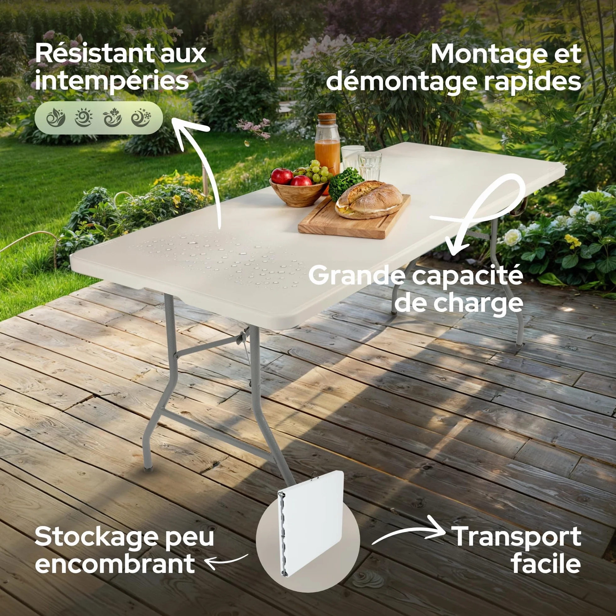 AREBOS Table de Buffet Pliante 182 x 74 x 74 cm Résistante aux intempéries Blanc 8 Personnes
