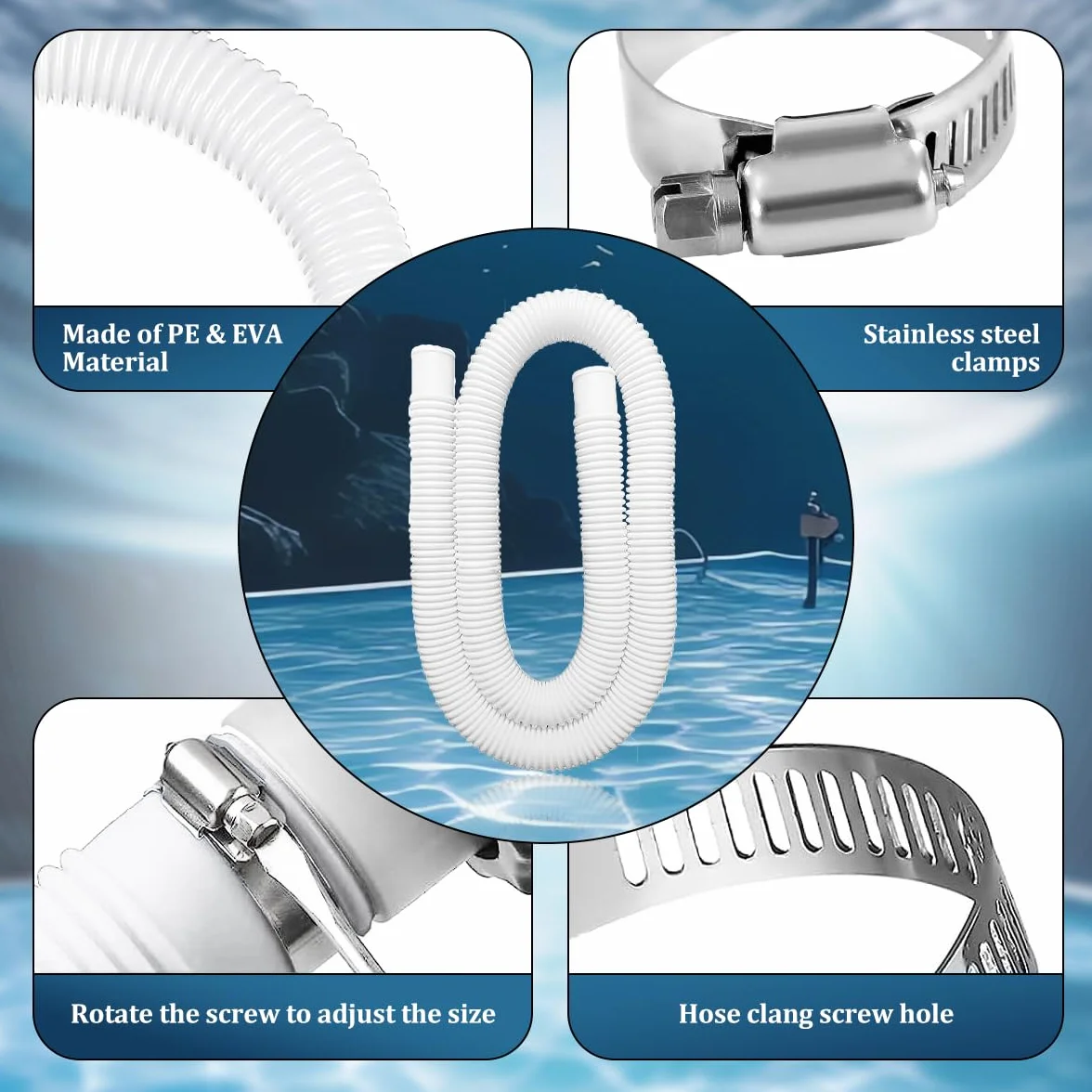 Tuyau Piscine 32mm 149,9cm avec Clips Métalliques pour Intex 330 GPH 530 GPH 1000 GPH - Paquet de 2