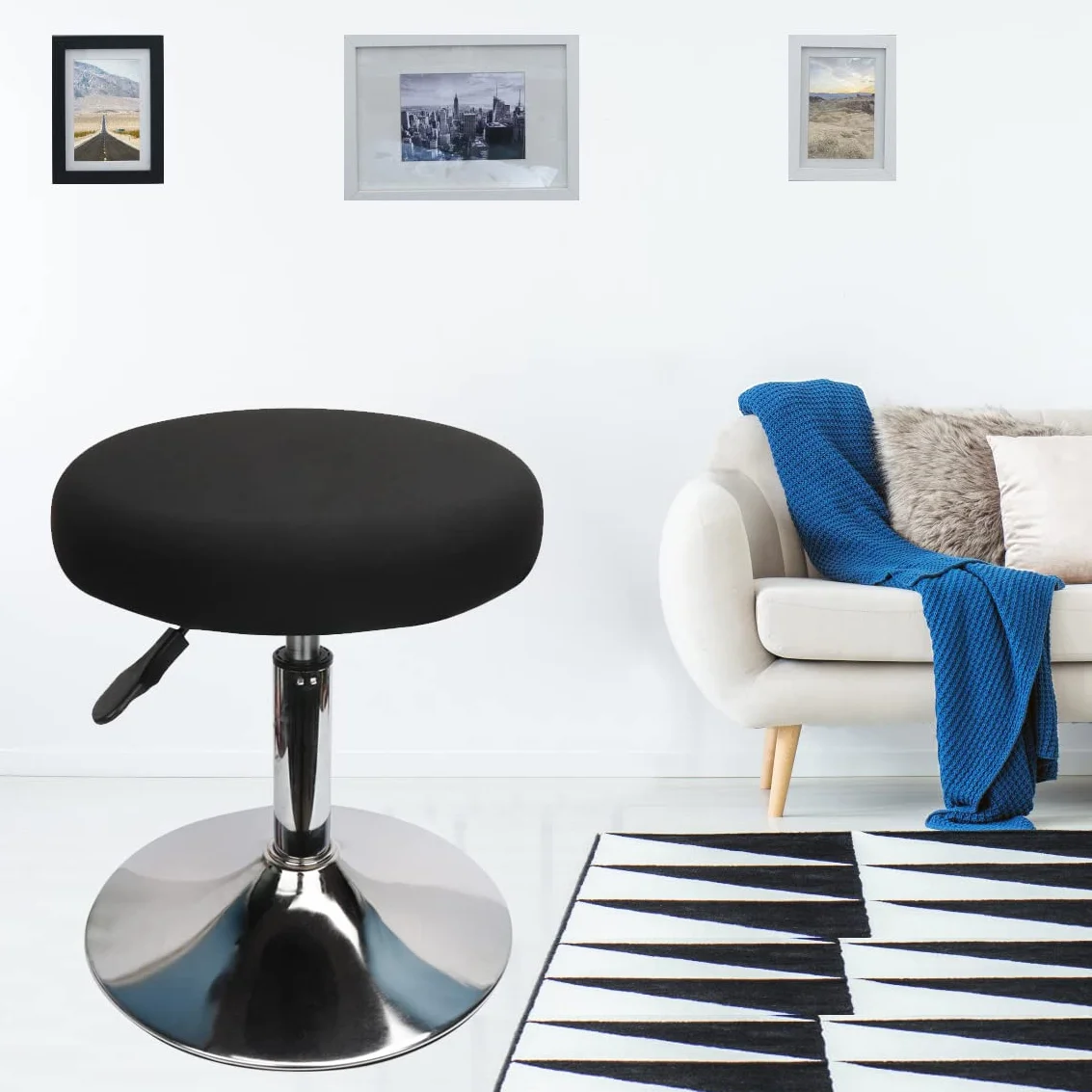 Housse Tabouret Rond 30-40cm Velours Extensible Lavable Noir
