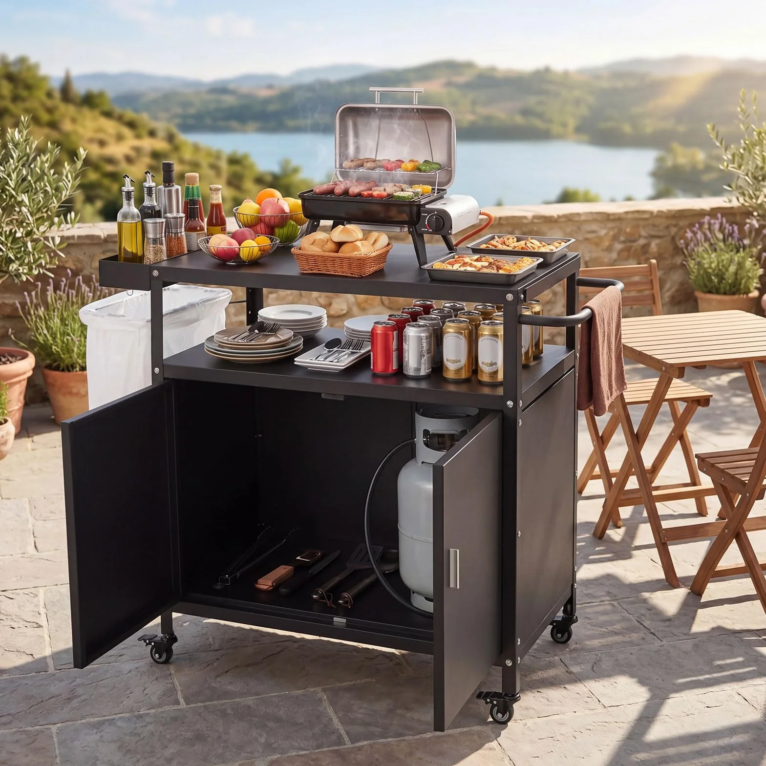 COSTWAY Chariot de Barbecue à roulettes 109 x 45 x 89 cm avec Rangement et Porte-Serviettes