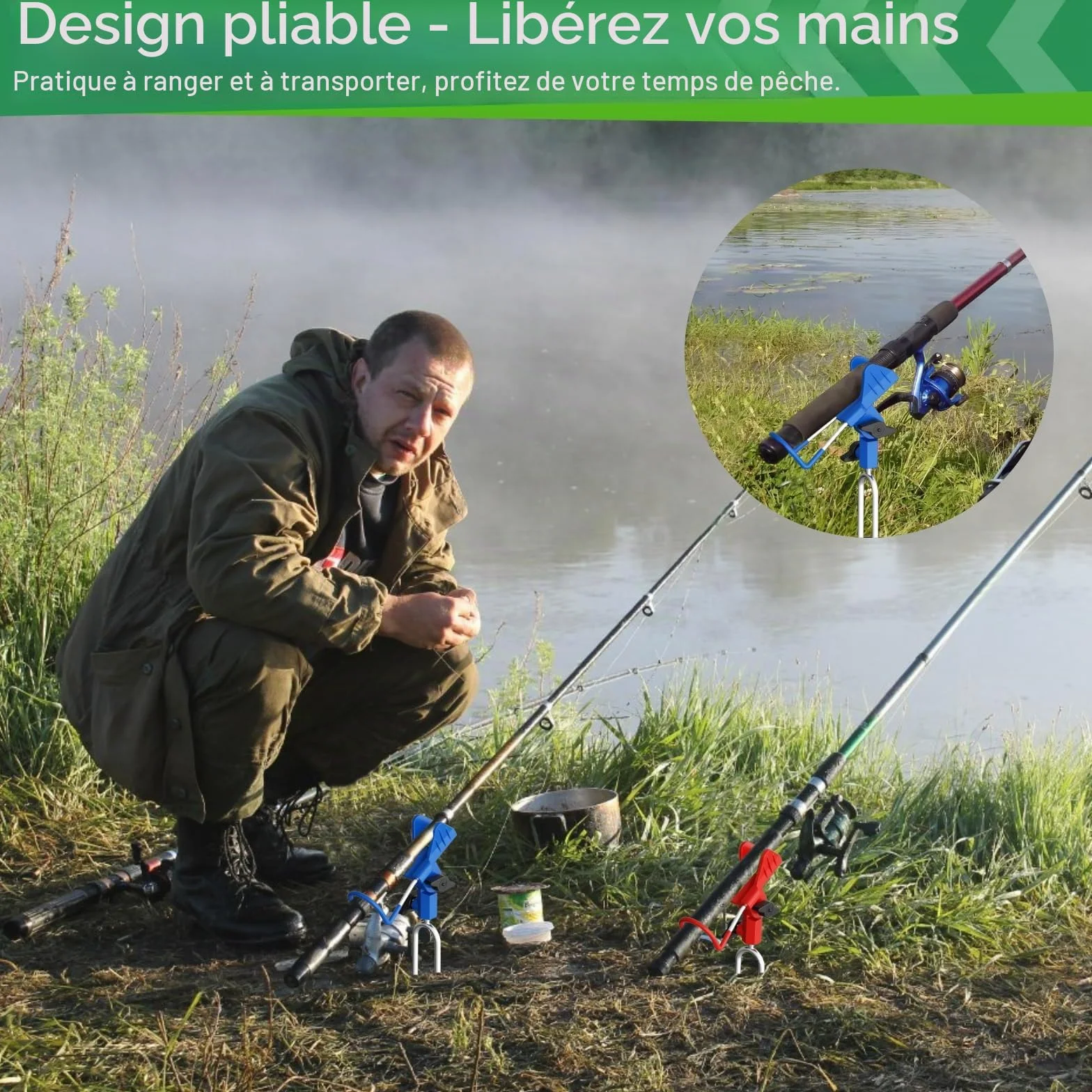 Support Canne à Pêche Acier Inoxydable Réglable 360° Lot de 2 avec Effet Lumineux pour Bateau