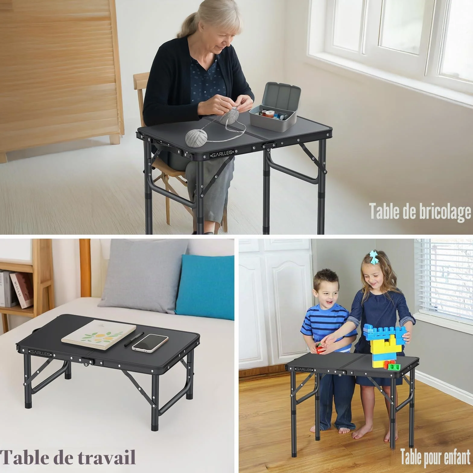 GARLLEN Table de Camping Pliante 58x40 cm 3 Hauteurs Réglables Noir