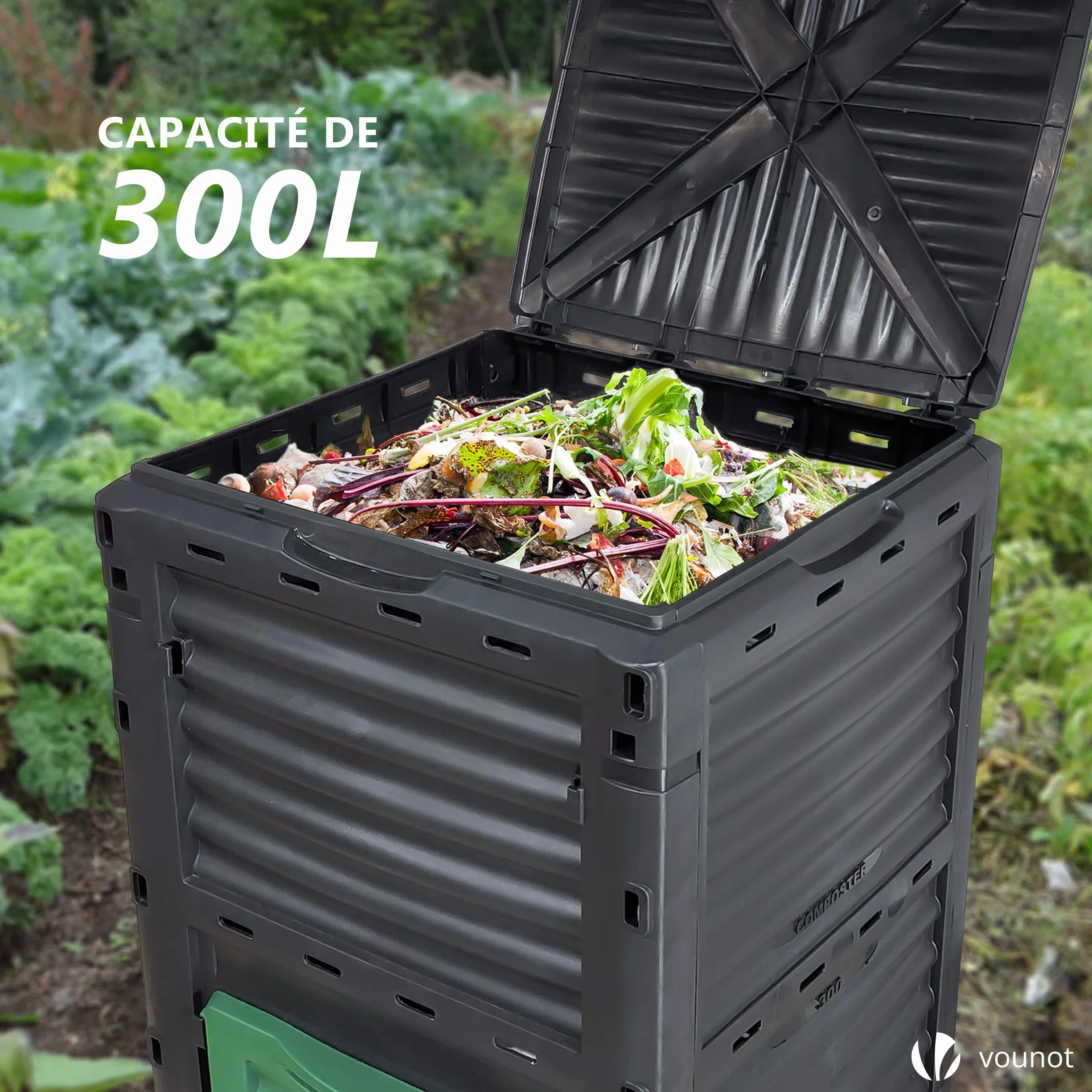 VOUNOT Composteur de Jardin 300L Bac à Composte Polypropylène Résistant aux Chocs et aux UV Noir