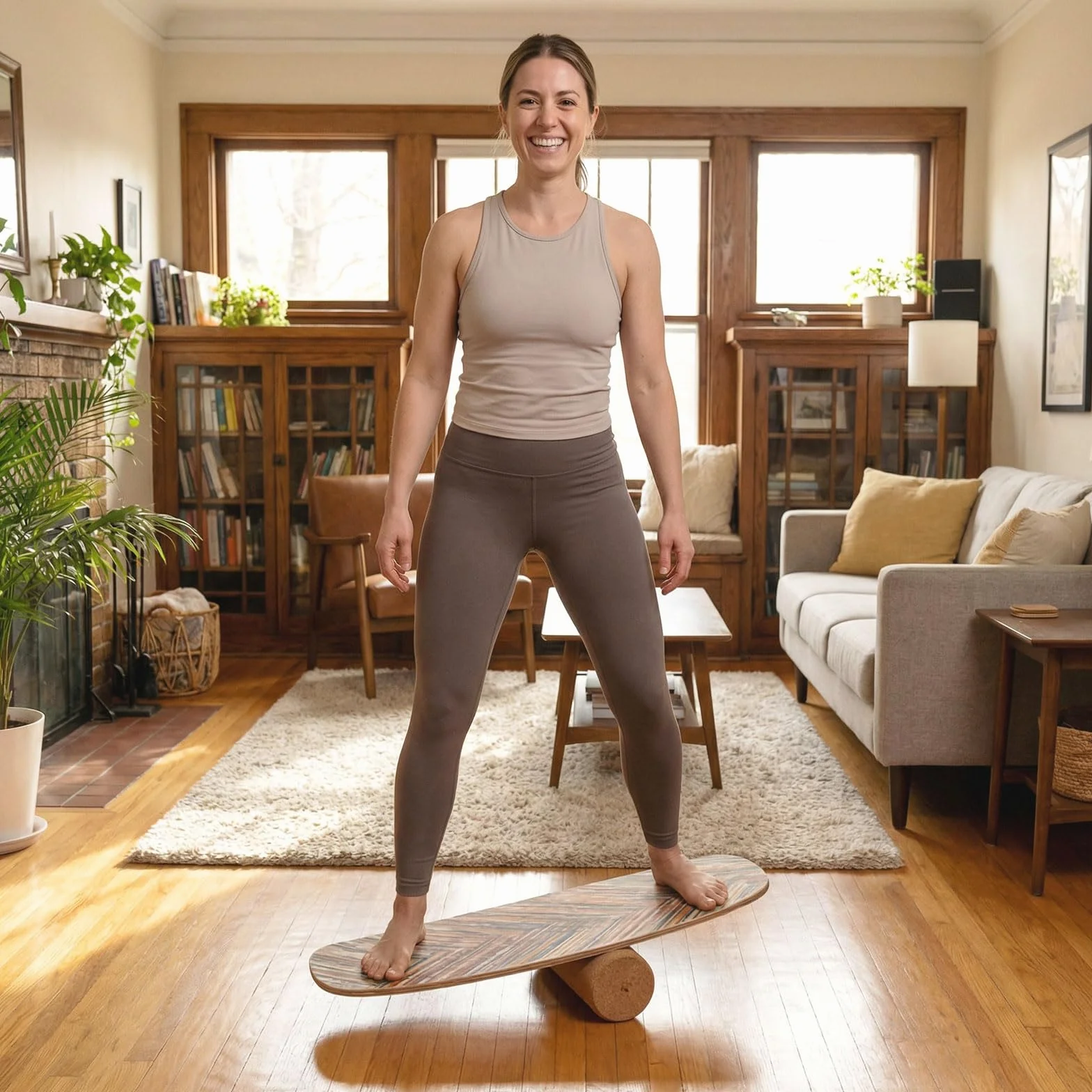 COSTWAY Planche d'Équilibre en Bois avec Rouleau en Liège Stabilisé, Balance Board d'Intérieur à Améliorer Force Centrale&Stabilité, Planche de Surf Avancée pour Yoga, Entraînement du Corps