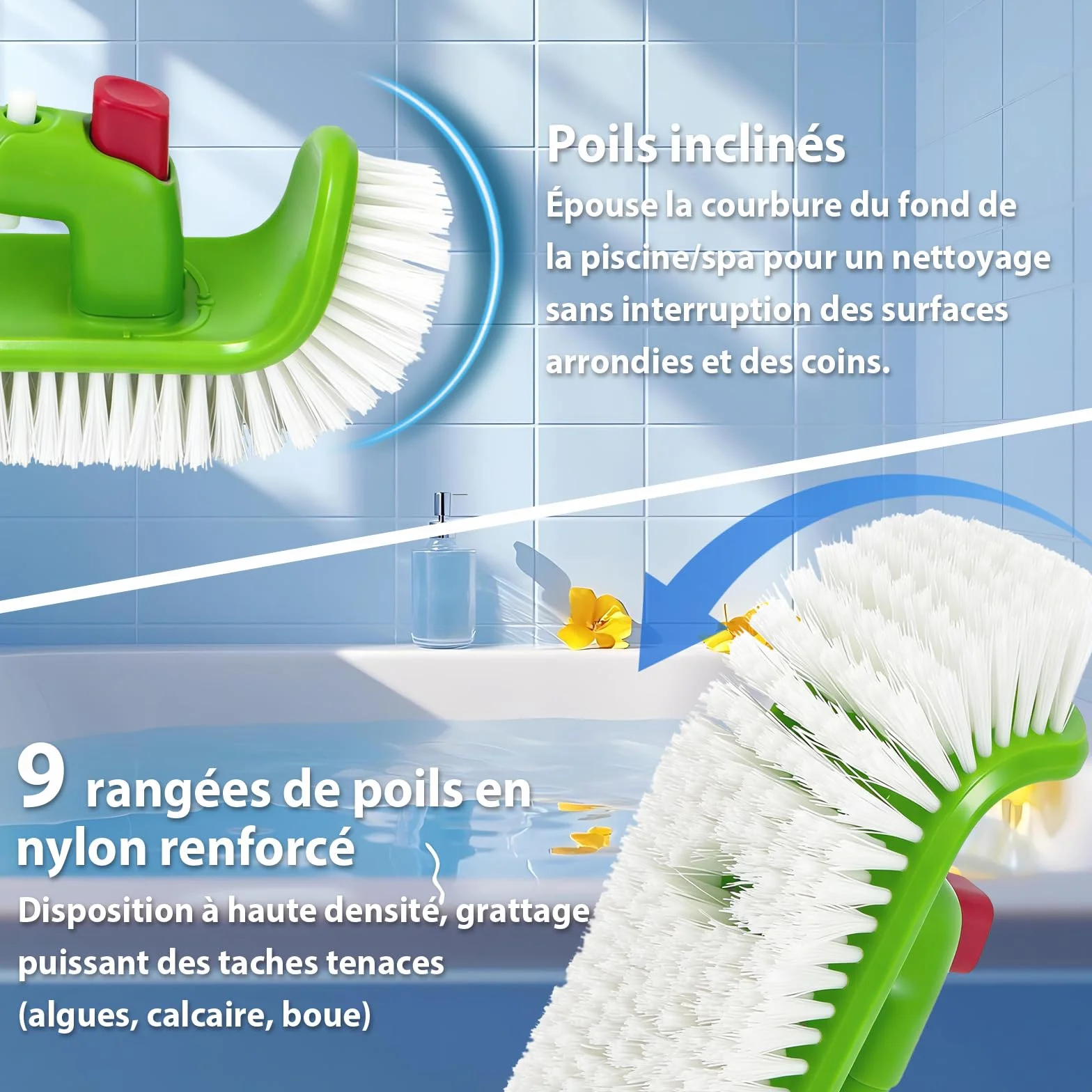 Brosse Piscine 19 cm Poignée Pliable 180° 9 Rangées Poils Nylon Clip EZ Manche Télescopique 3,2 cm